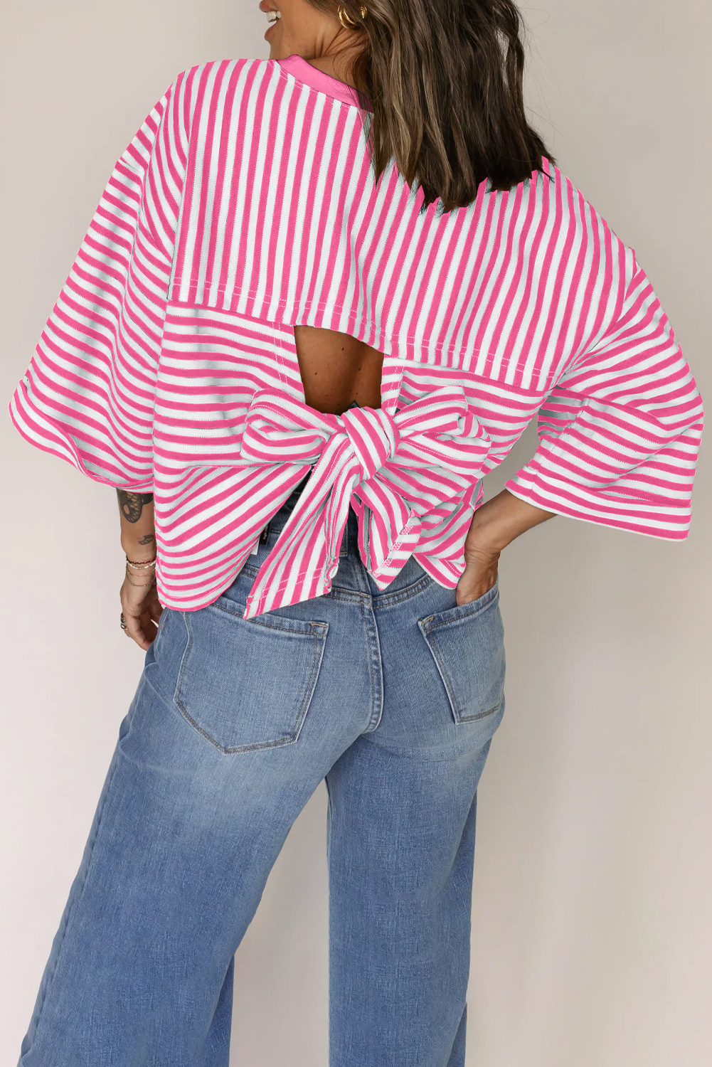 Red Stripe Bowknot Cutout Back Drop Shoulder Wide Bracelet Sleeve Loose Tee - loveforevers