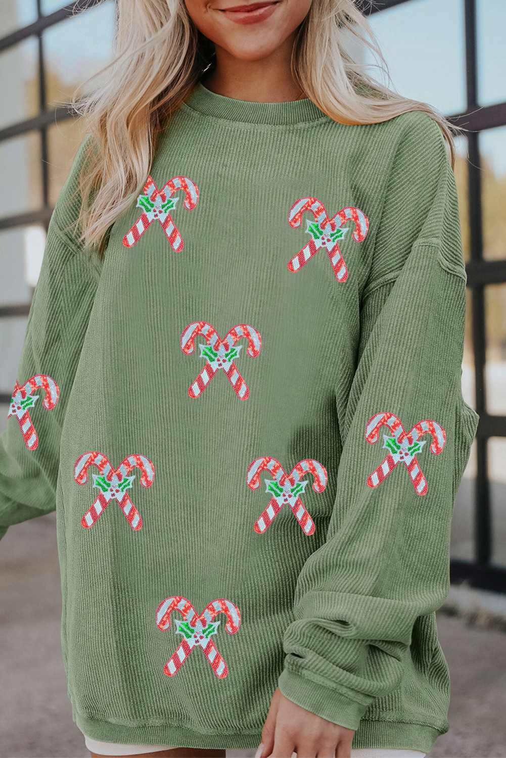 Grass Green Candy Cane Shimmer Patched Corded Baggy Sweatshirt - loveforevers