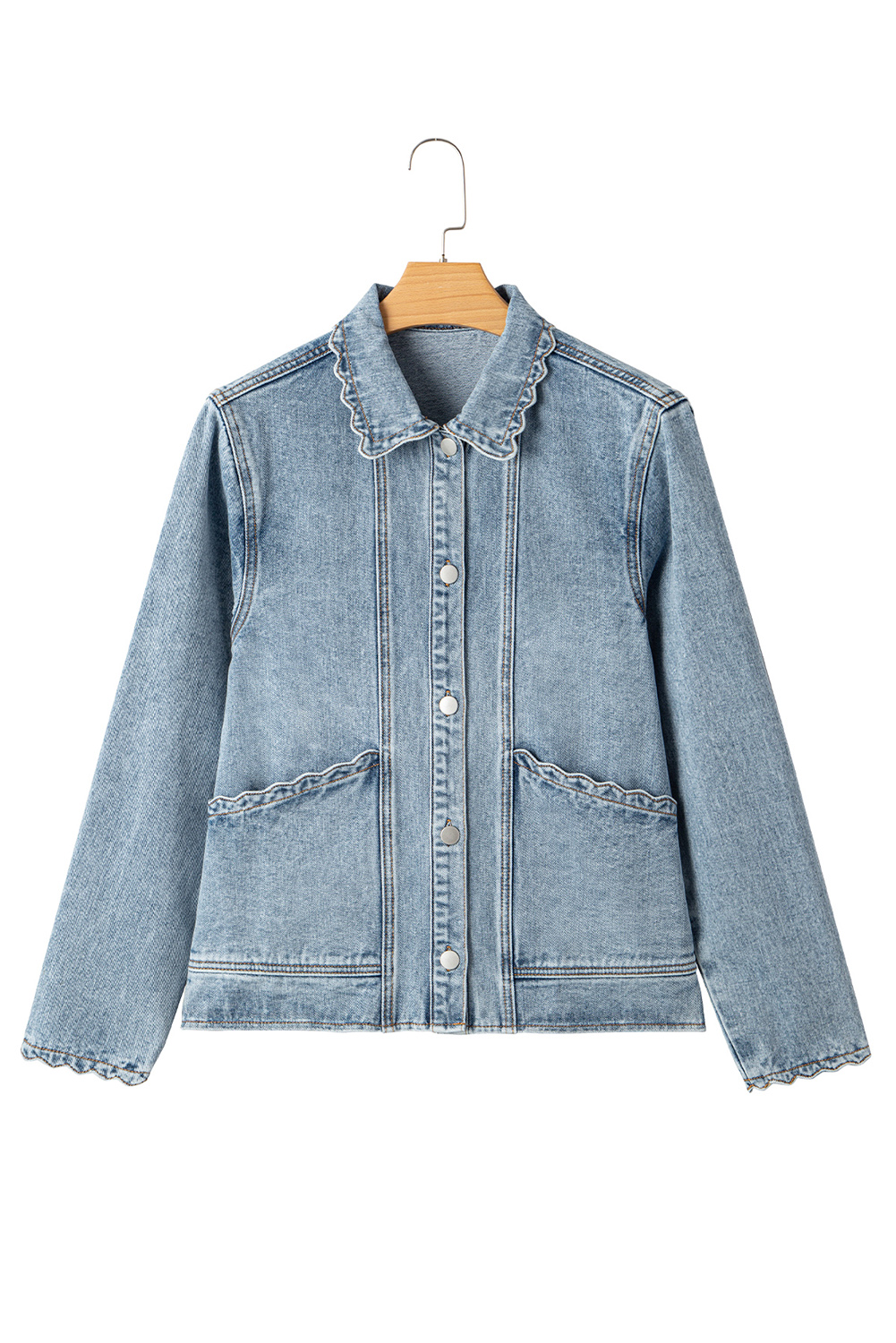 Myosotis Scallop Trim Collar Patched Pocket Button Up Mineral Washed Denim Jacket - loveforevers
