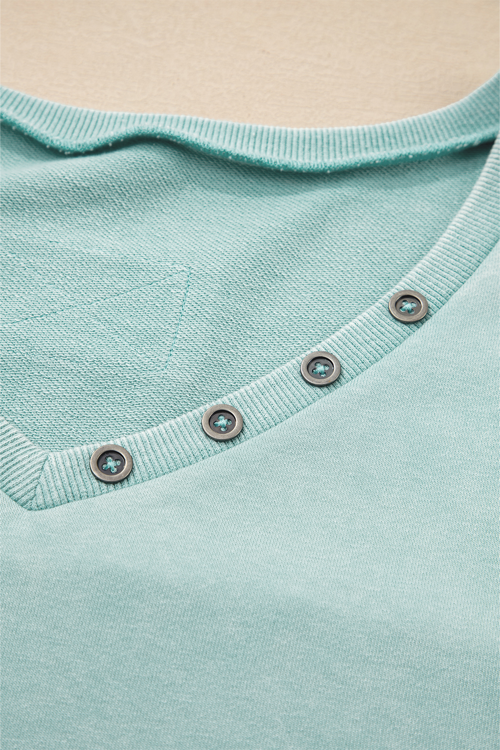 Mist Blue Mineral Wash Exposed Seam Buttoned V Neck Pullover Top - loveforevers