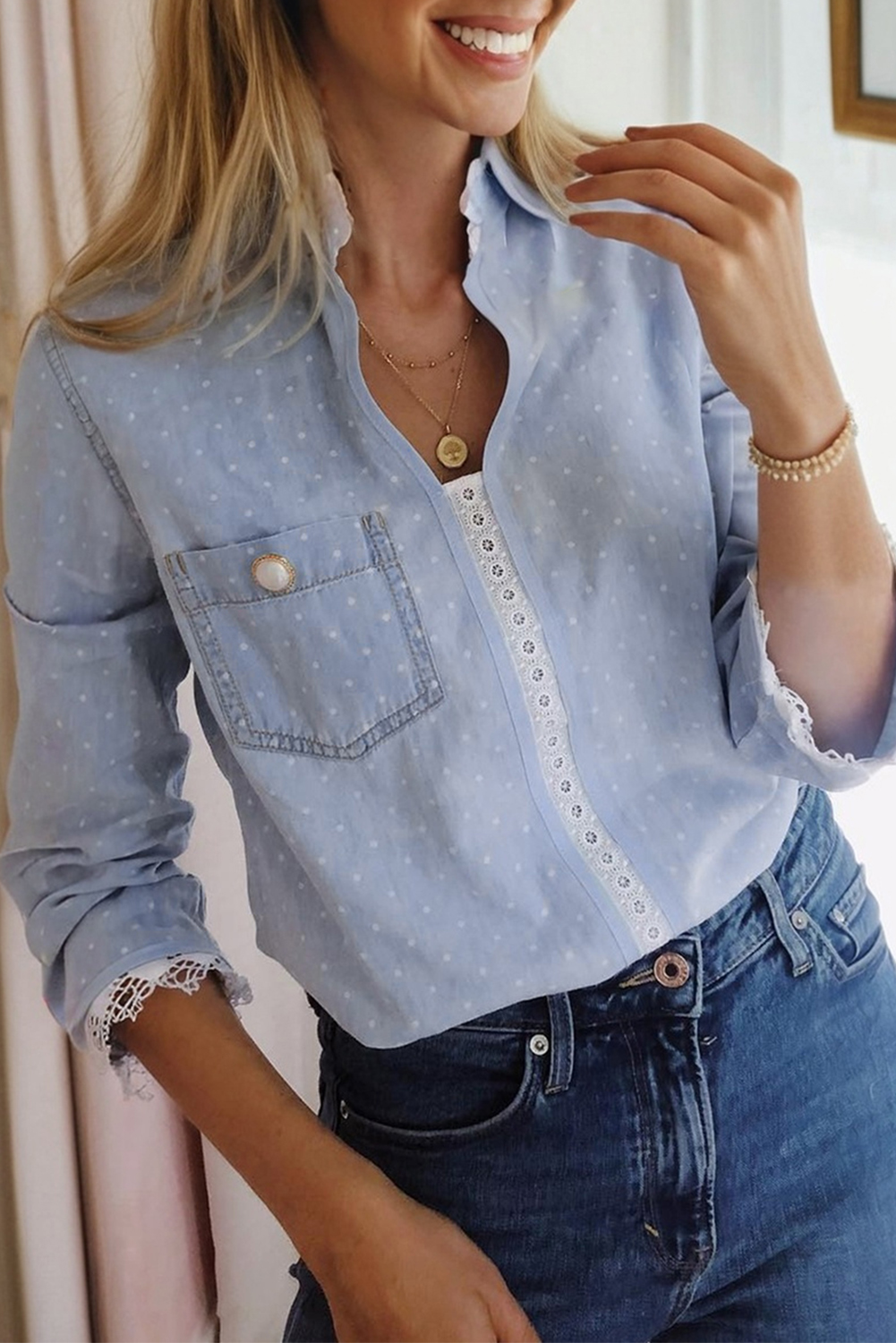 Beau Blue Lace Trim Patchwork Dotted Print Collared Denim Blouse - loveforevers