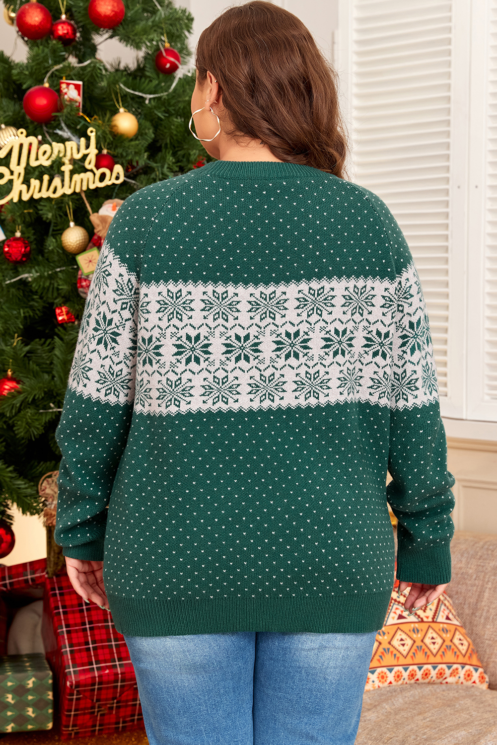 Green Christmas Snowflake Dotted Print Round Neck Sweater - loveforevers