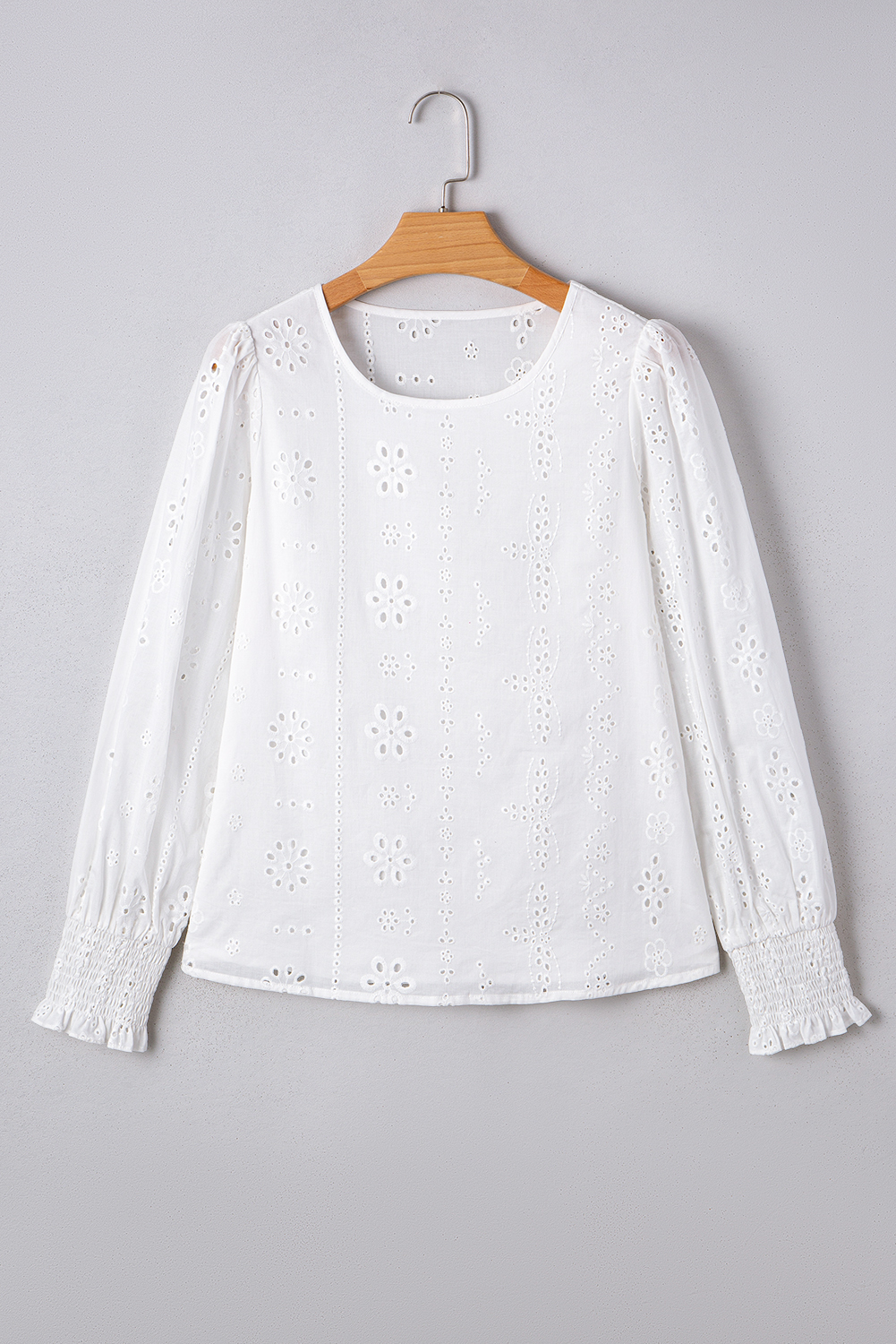 White Eyelet Embroidered Smocked Cuff Sheer Blouse - loveforevers