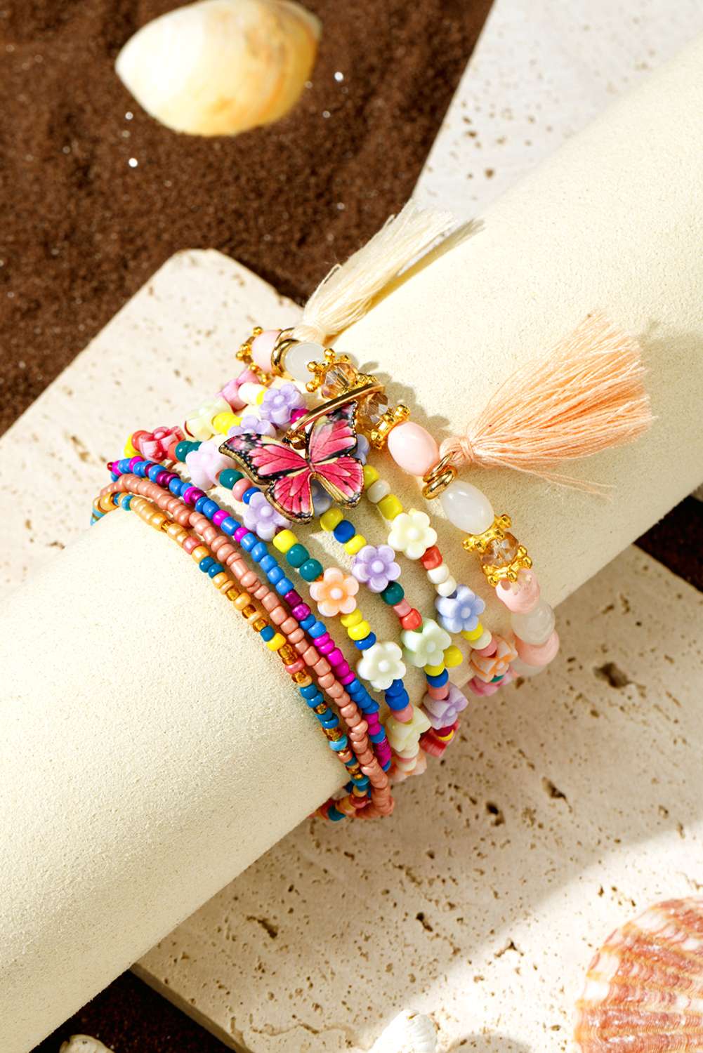 Peach Blossom 7pcs Handmade Beaded Bohemian Style Butterfly Tassel Bracelet Set - loveforevers