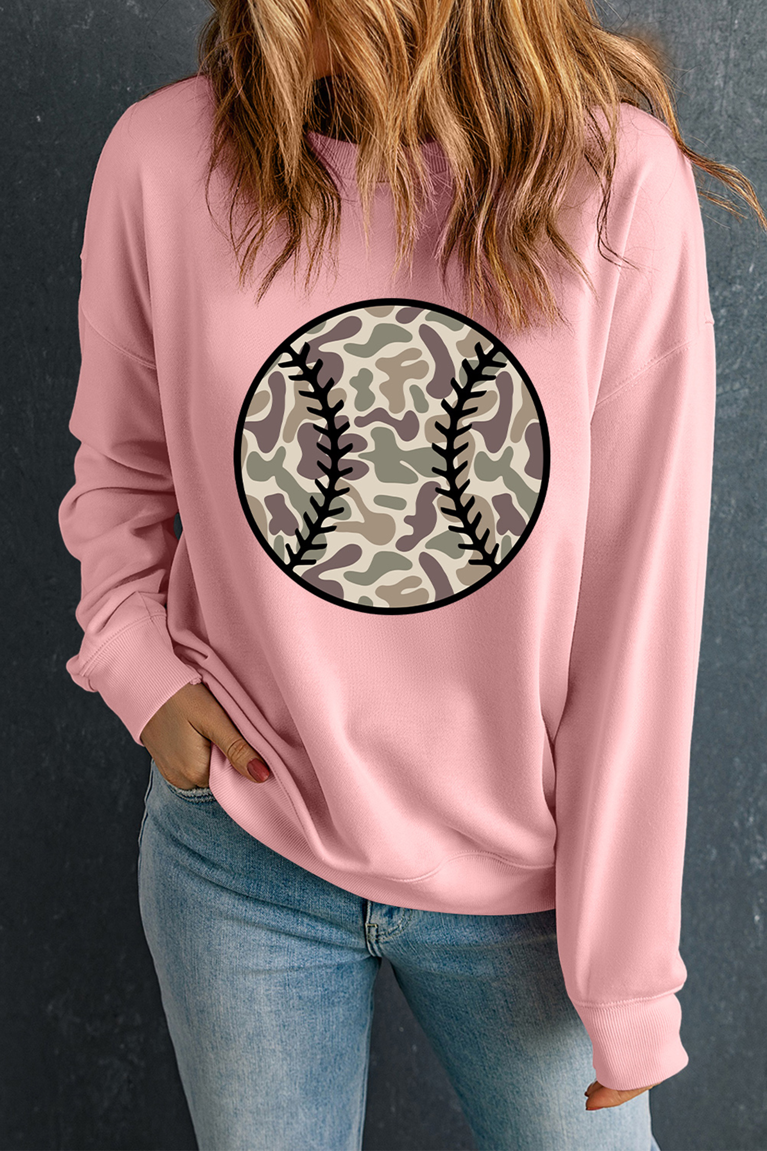 Pink Camouflage Baseball Dropped Shoulder Sweatshirt - loveforevers