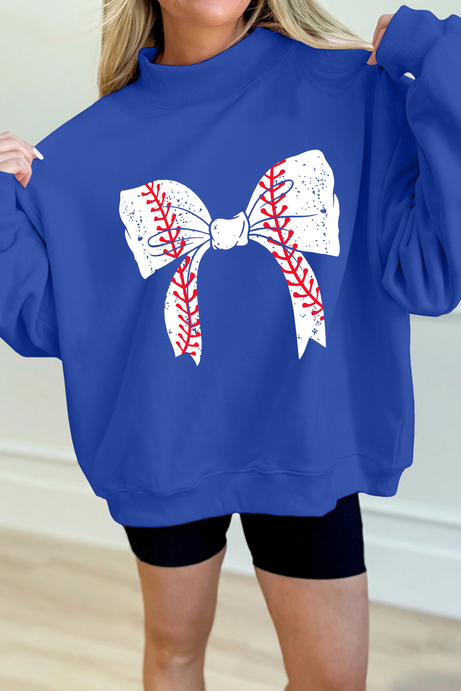 Dark Blue Baseball Large Bow Mock Neck Sweatshirt - loveforevers