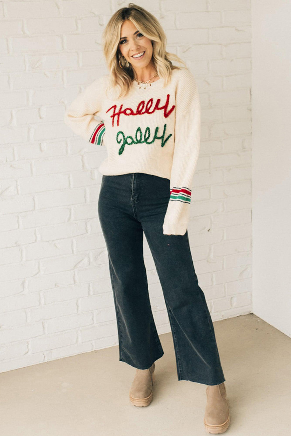Beige Tinsel Holly Jolly Graphic Classic Sweater - loveforevers
