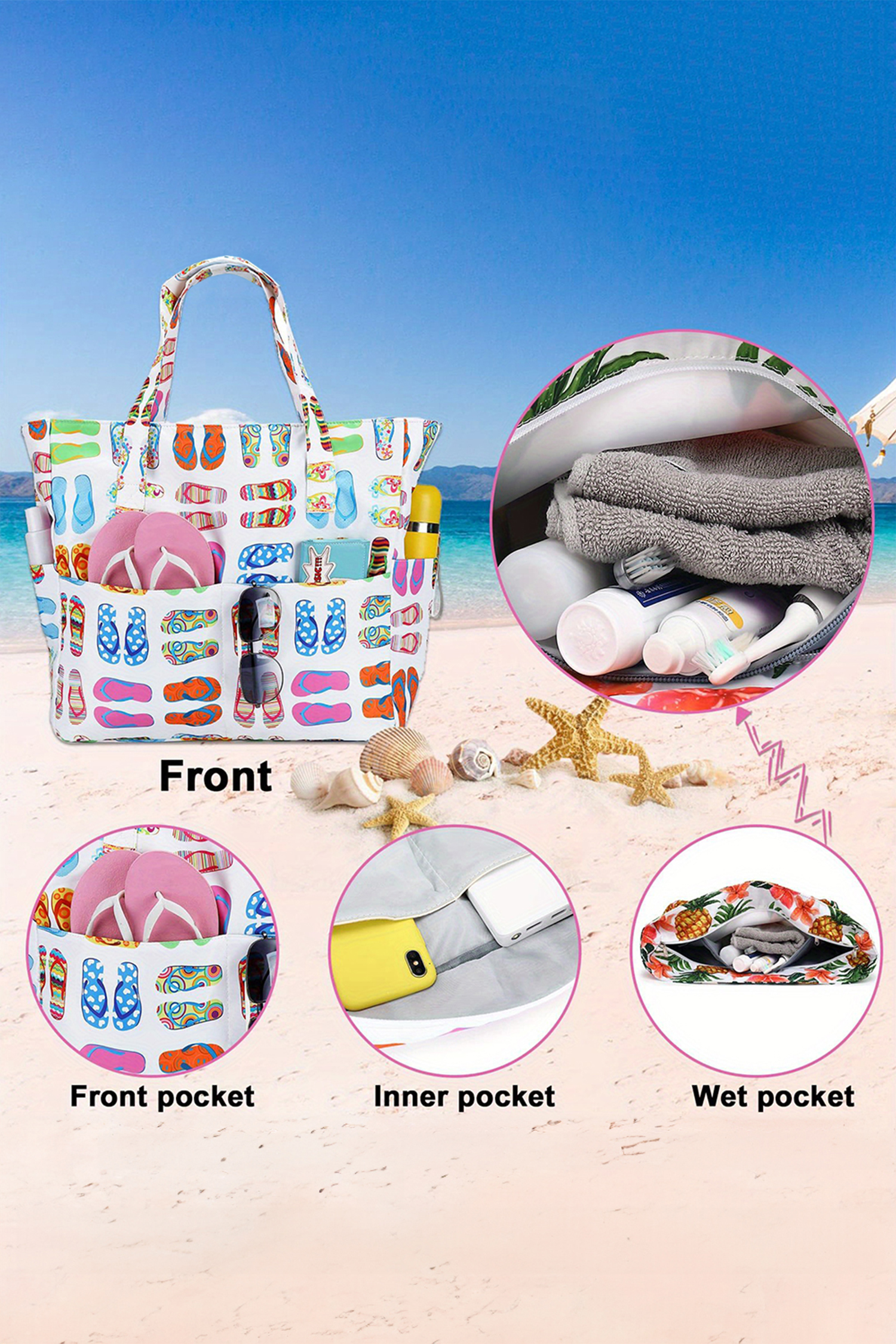 White Waterproof Slippers Pattern Beach Tote Bag - loveforevers