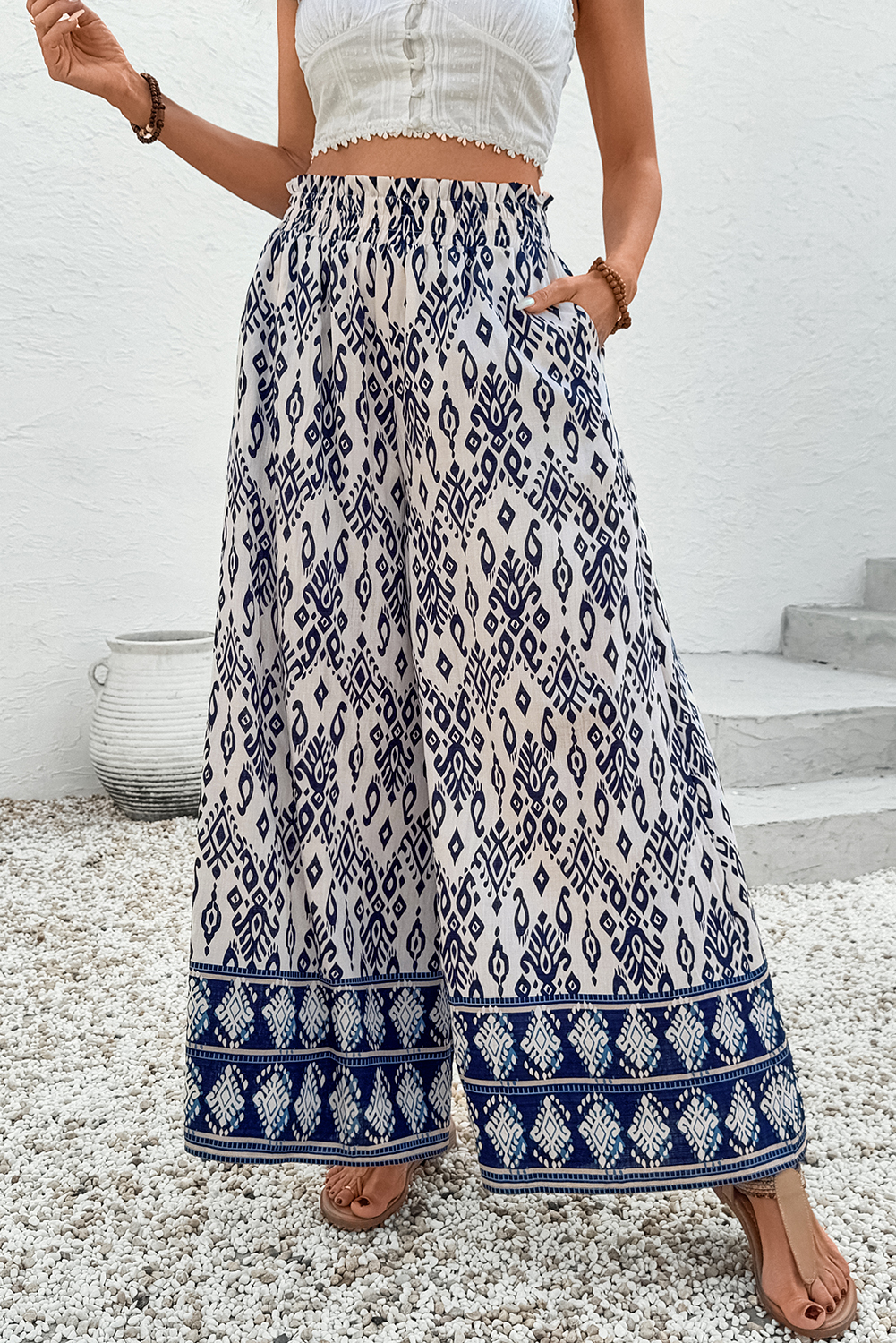 Blue Boho Geometric Print Shirred High Waist Wide Leg Jumpsuit - loveforevers