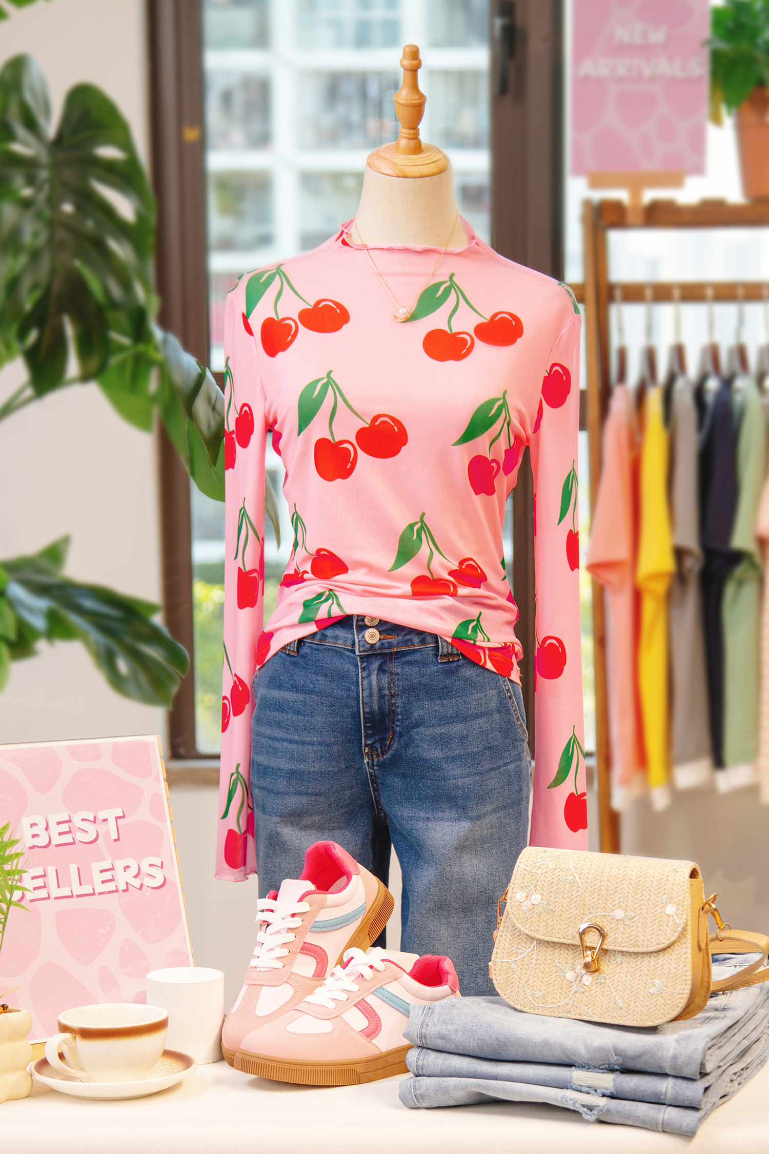 Pink Cherry Print Lettuce Trim Long Sleeve Mesh Top - loveforevers