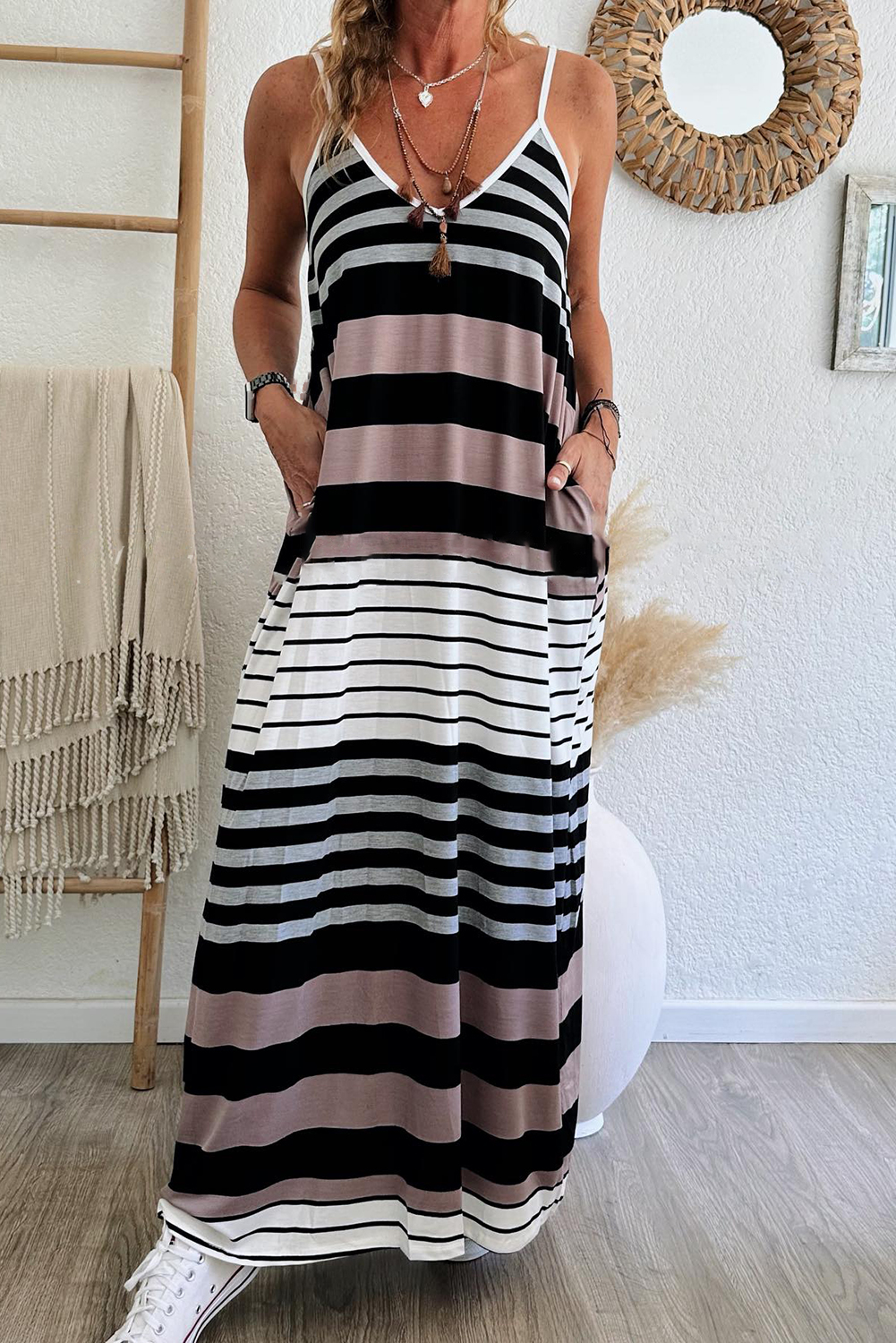 Multicolour Mixed Stripes Spaghetti Straps V Neck Maxi Dress - loveforevers