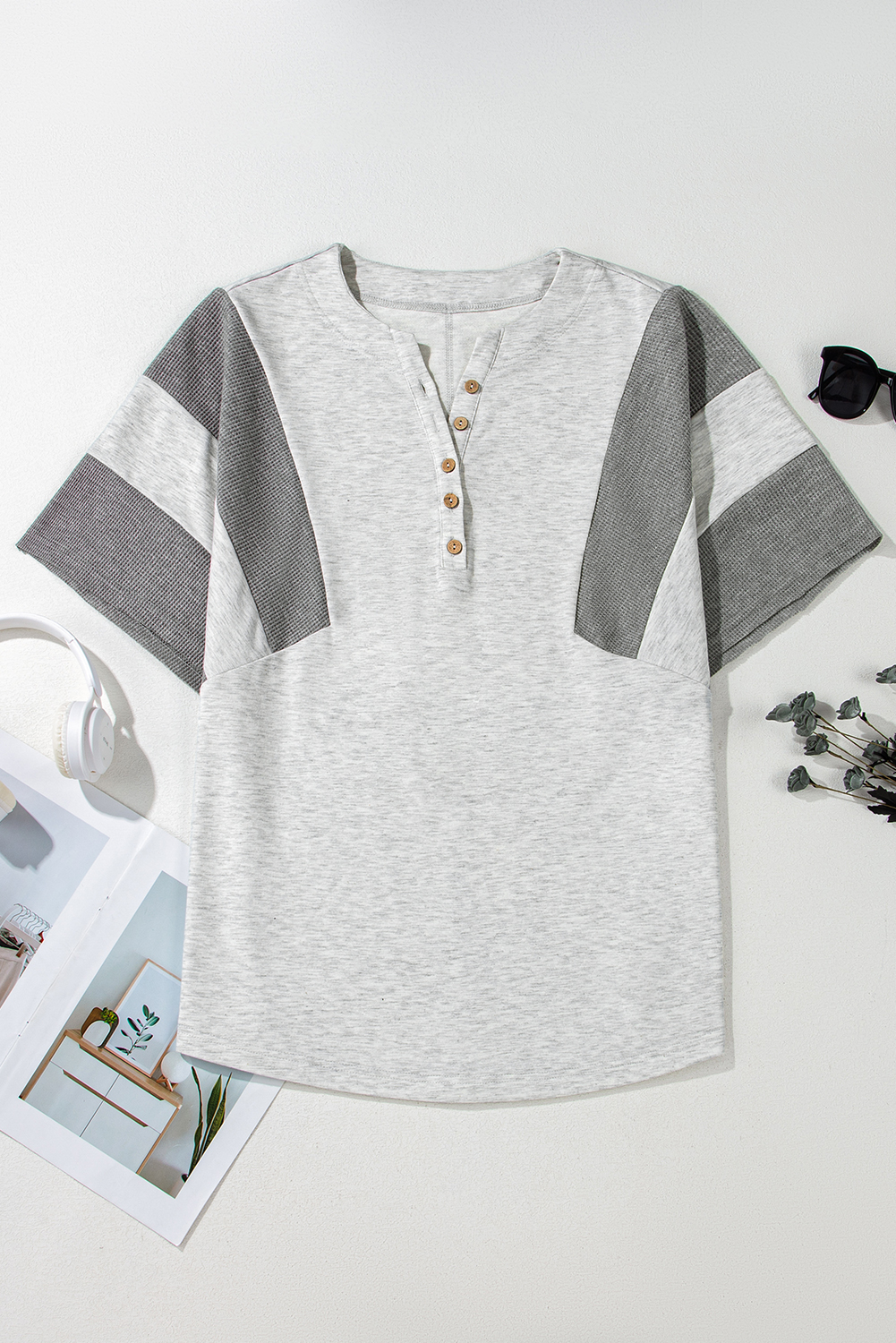 Dearlovers Light Grey Two Tone Contrast Waffle Knit Patched Buttoned V Neck Top - loveforevers