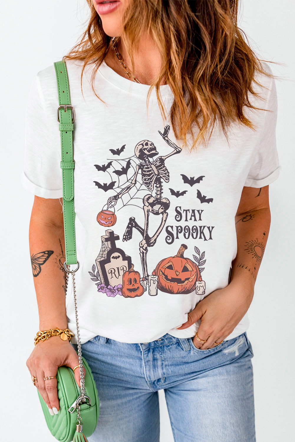 White Skull Pumpkin Face STAY SPOOKY Graphic Halloween T Shirt - loveforevers