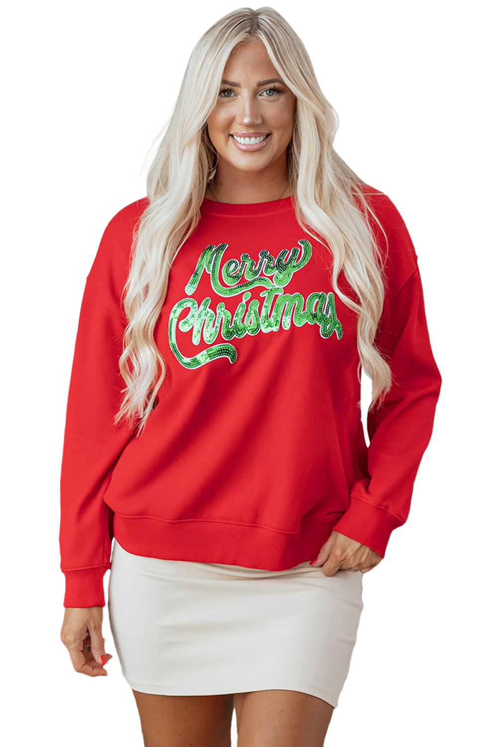 Red Merry Christmas Crewneck Drop Shoulder Loose Sweatshirt - loveforevers