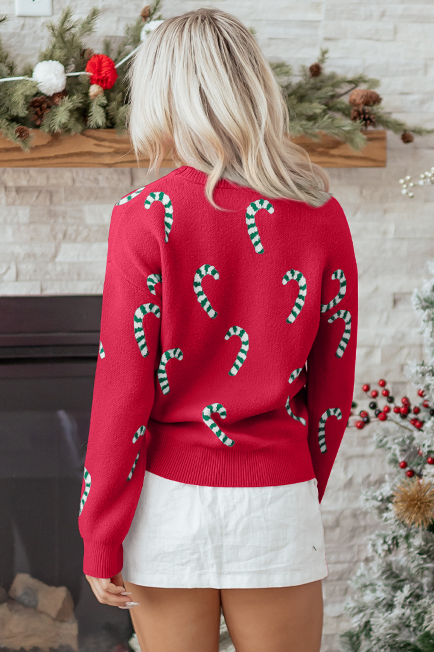 Dark Green Christmas Candy Cane Holiday Drop Shoulder Sweater - loveforevers