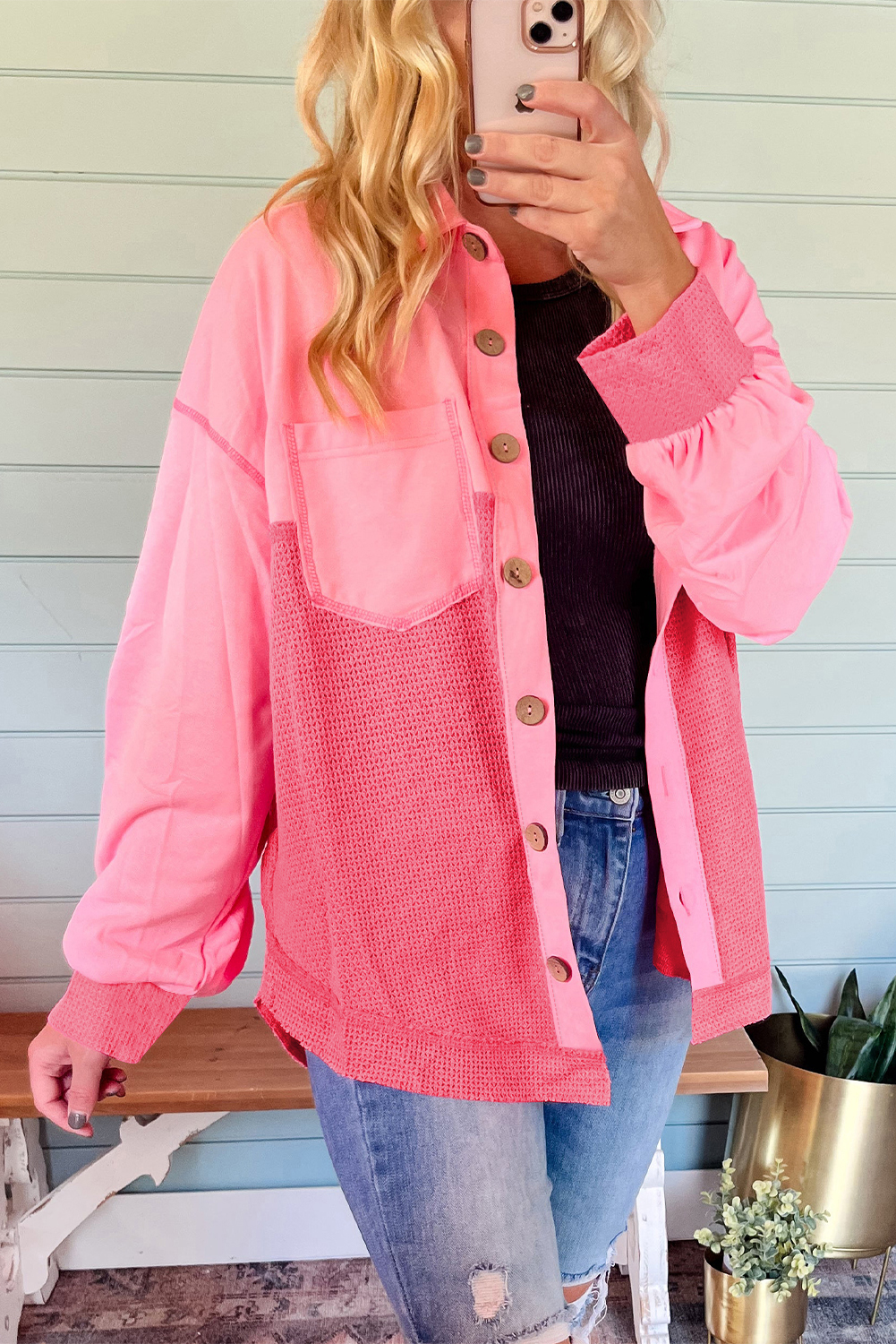 Peach Blossom Two Tone Contrast Waffle Knit Buttoned Loose Shacket - loveforevers
