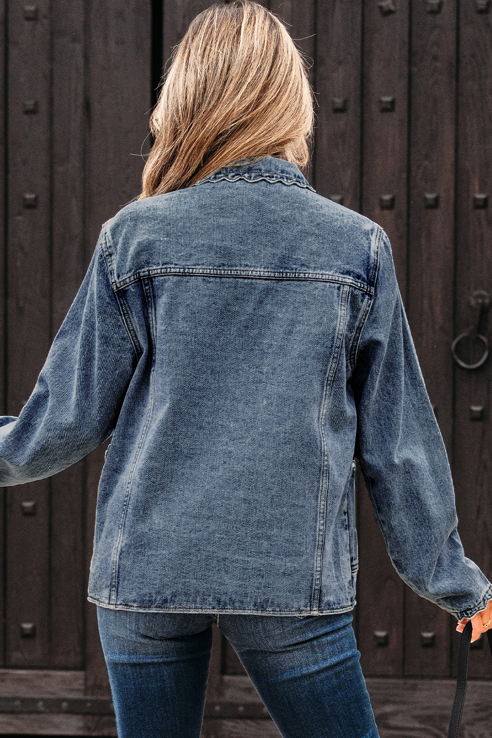 Myosotis Scallop Trim Collar Patched Pocket Button Up Mineral Washed Denim Jacket - loveforevers