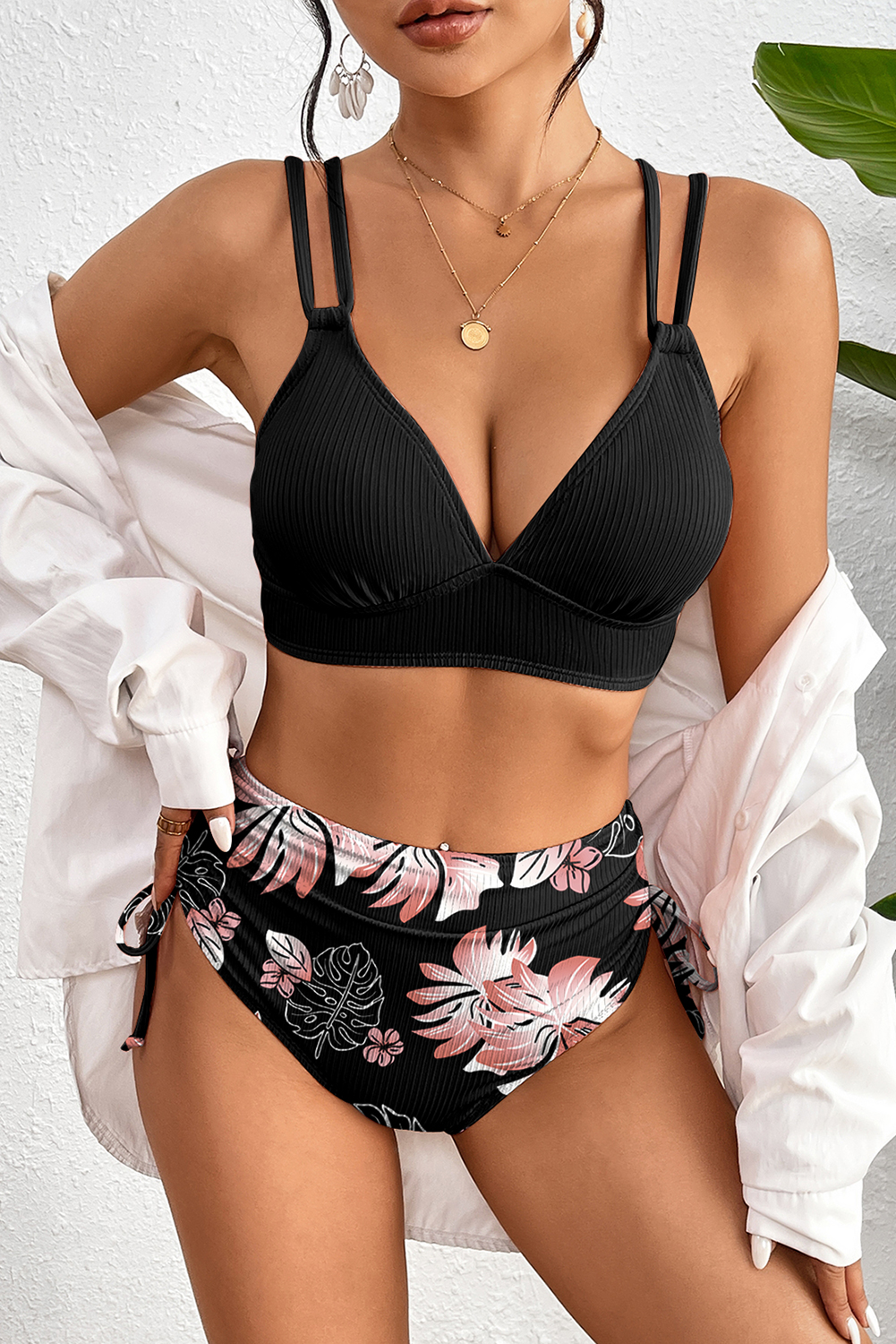 Black Ribbed Knit High Waist 2pcs Bikini Swimsuit - loveforevers
