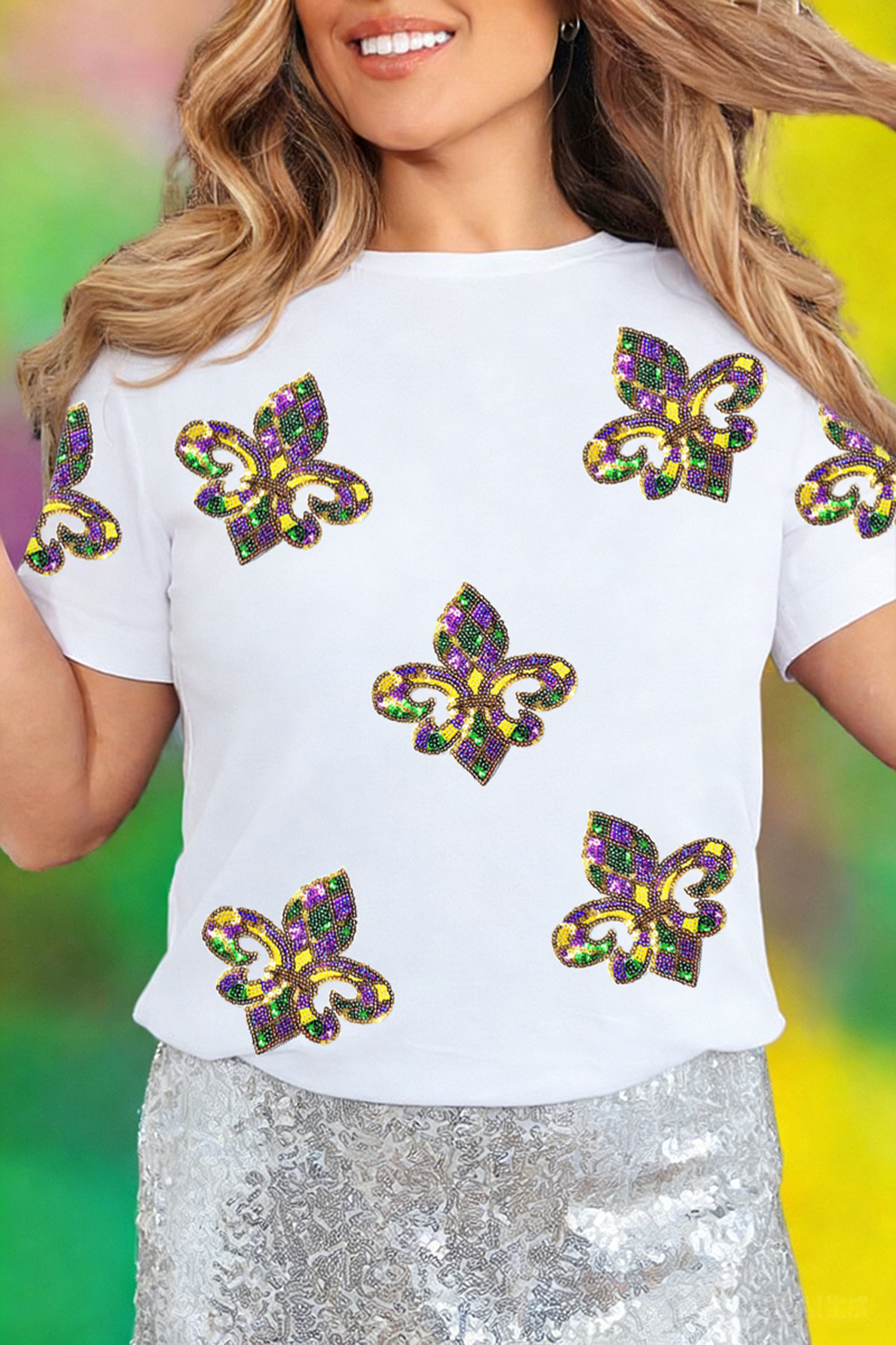 White Maid Gras Sequin Fleur de Lis Graphic T Shirt - loveforevers