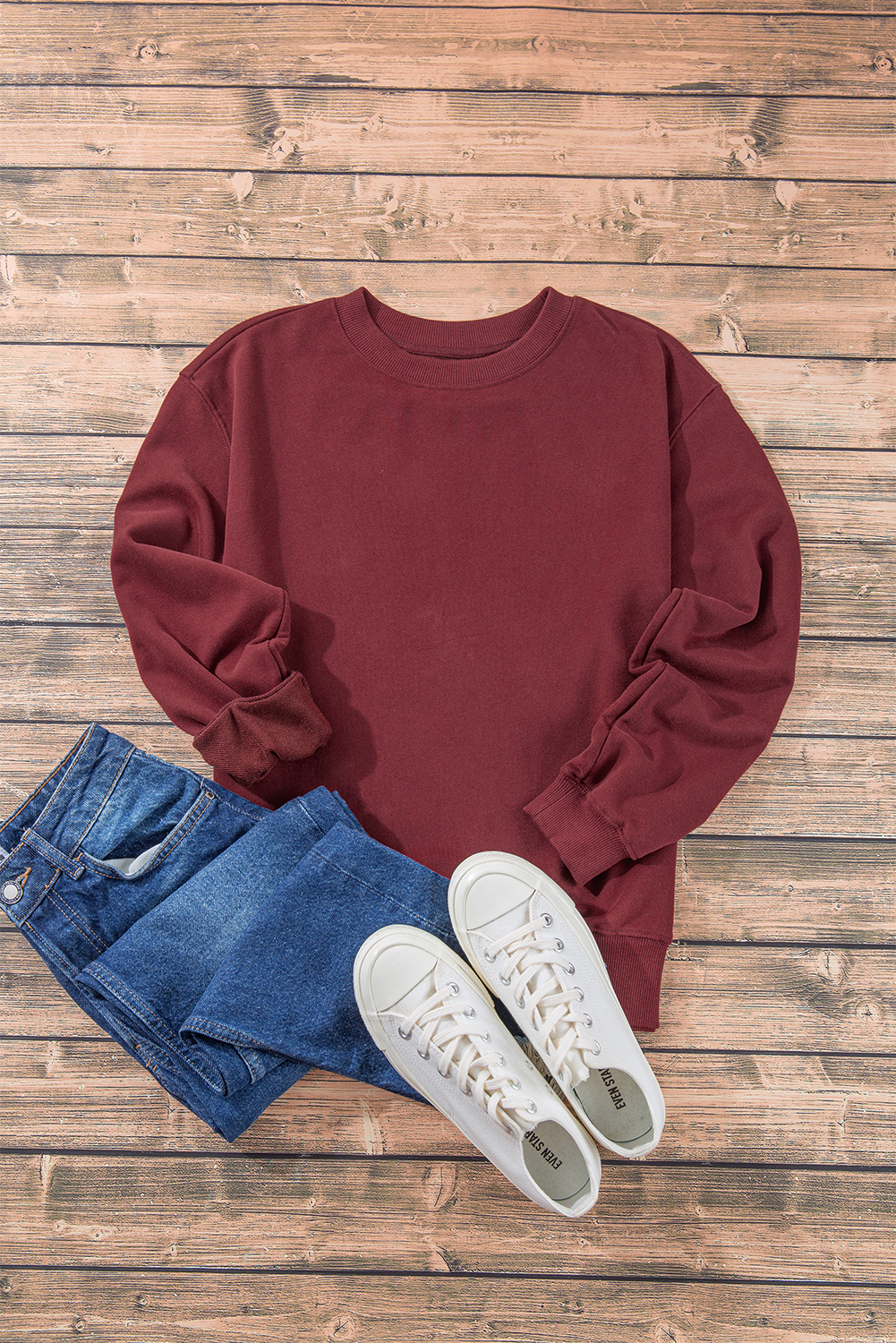 Navy Blue Plain Drop Shoulder Crewneck Pullover Sweatshirt - loveforevers