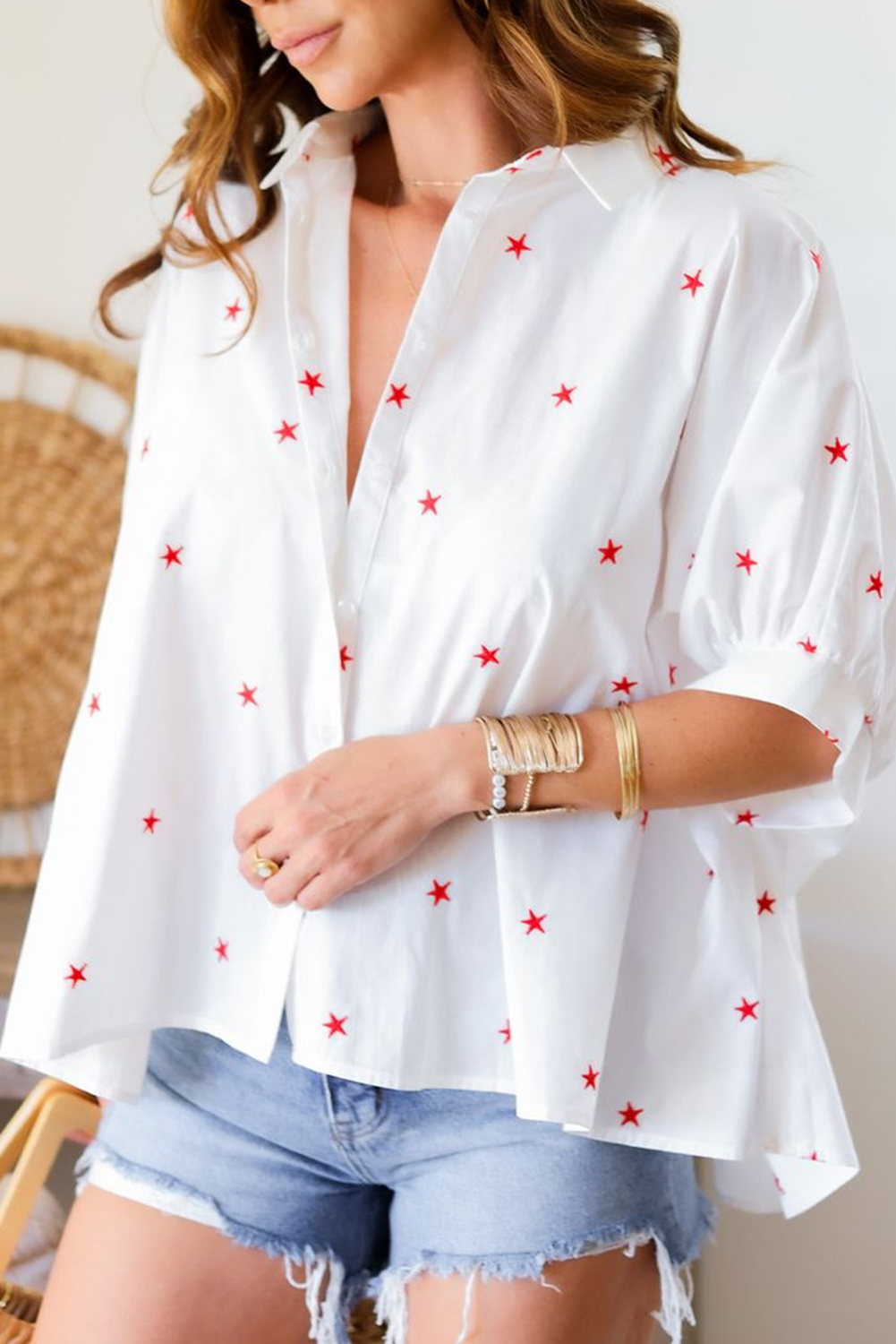 White Little Stars Printed Loose Half Sleeve Loose Shirt - loveforevers