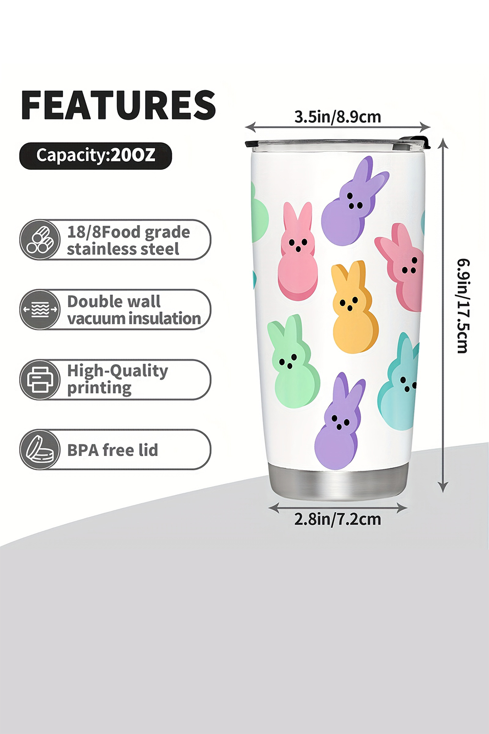 White Cute Bunny Printed Stainless Steel Thermal Vacuum Cup 20oz - loveforevers