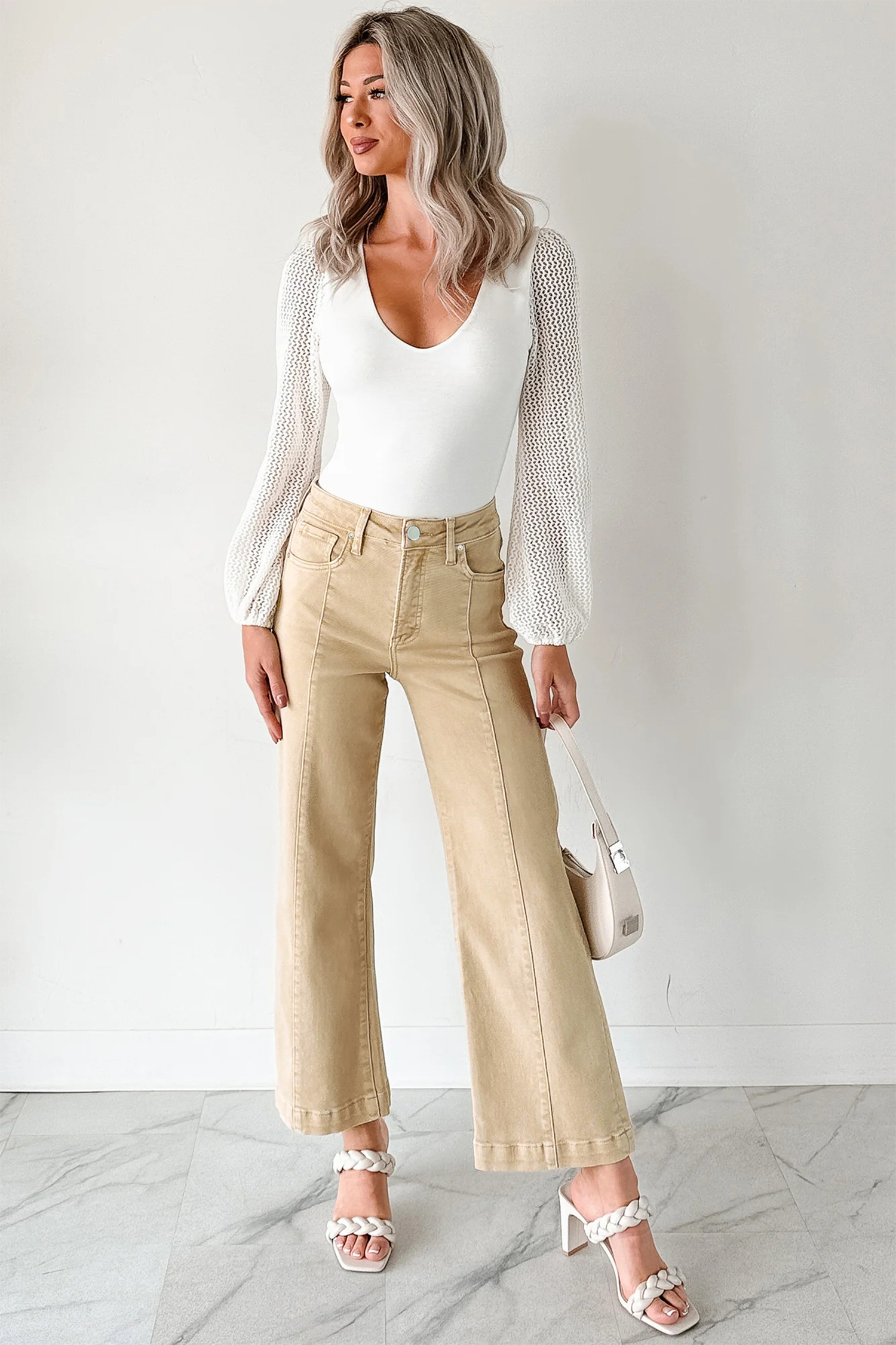 Apricot Solid Color Seamed Center Wide Leg Cropped Jeans - loveforevers