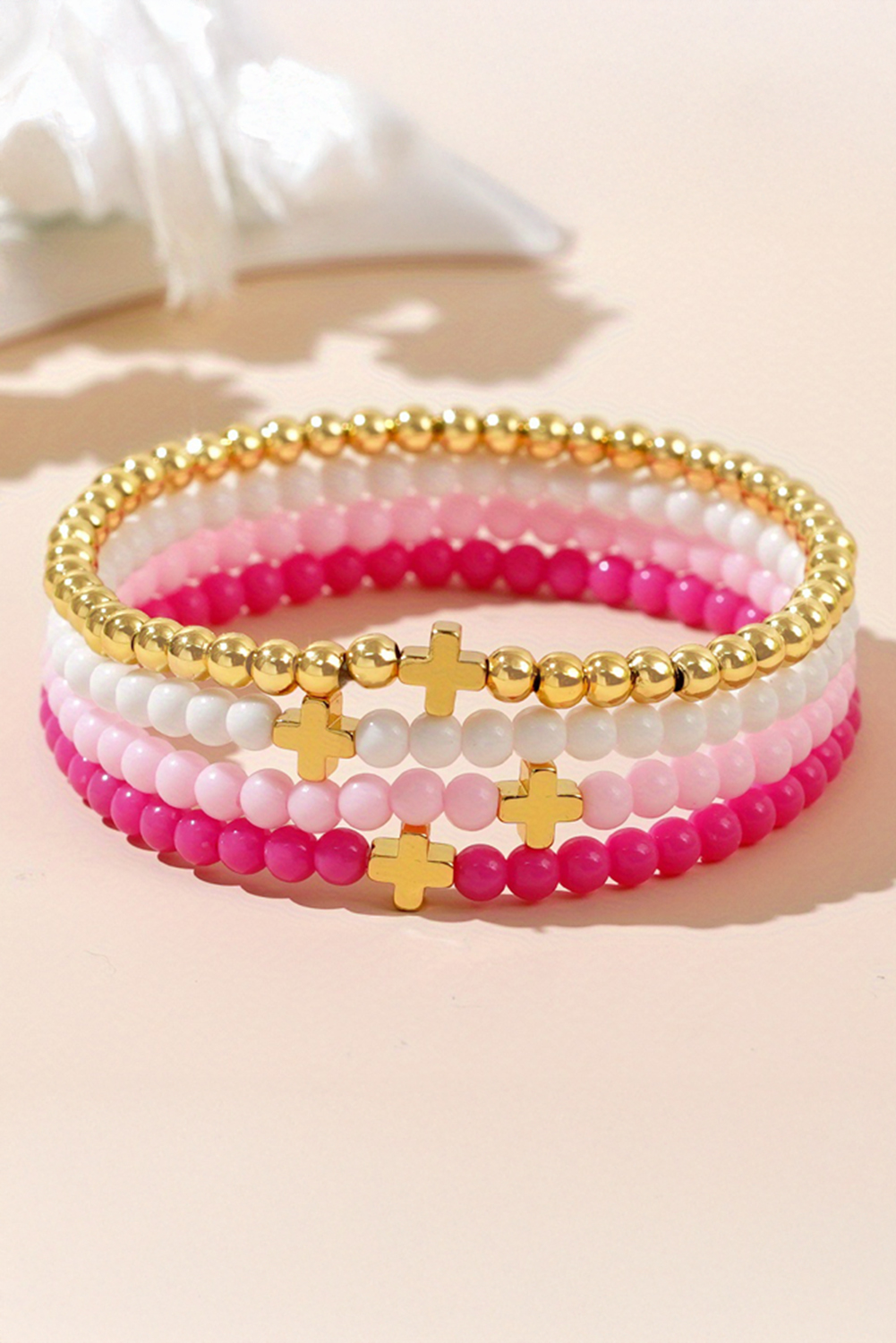 Gold Cross Beaded Multi Layered Elastic Bracelet Set - loveforevers