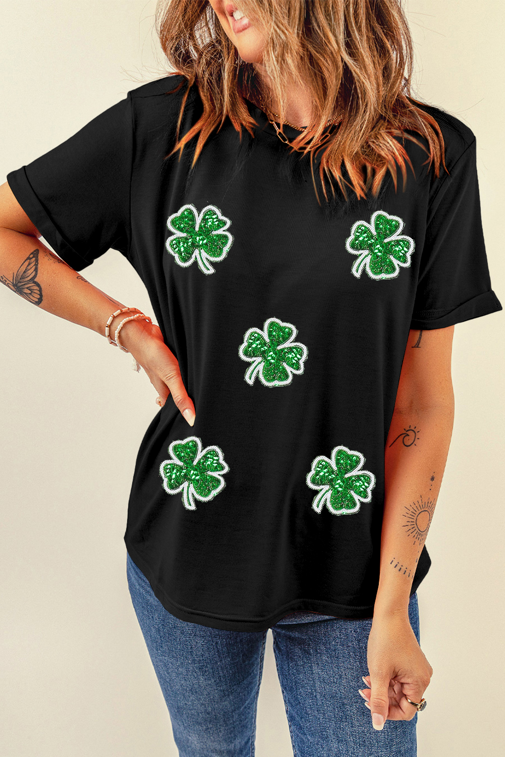 Black Four Leaf Clover Graphic St. Patricks Crewneck Tee - loveforevers
