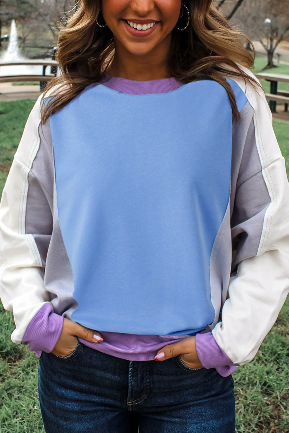 Blue Exposed Seam Colorblock Patchwork Ribbed Trim Pullover Sweatshirt - loveforevers
