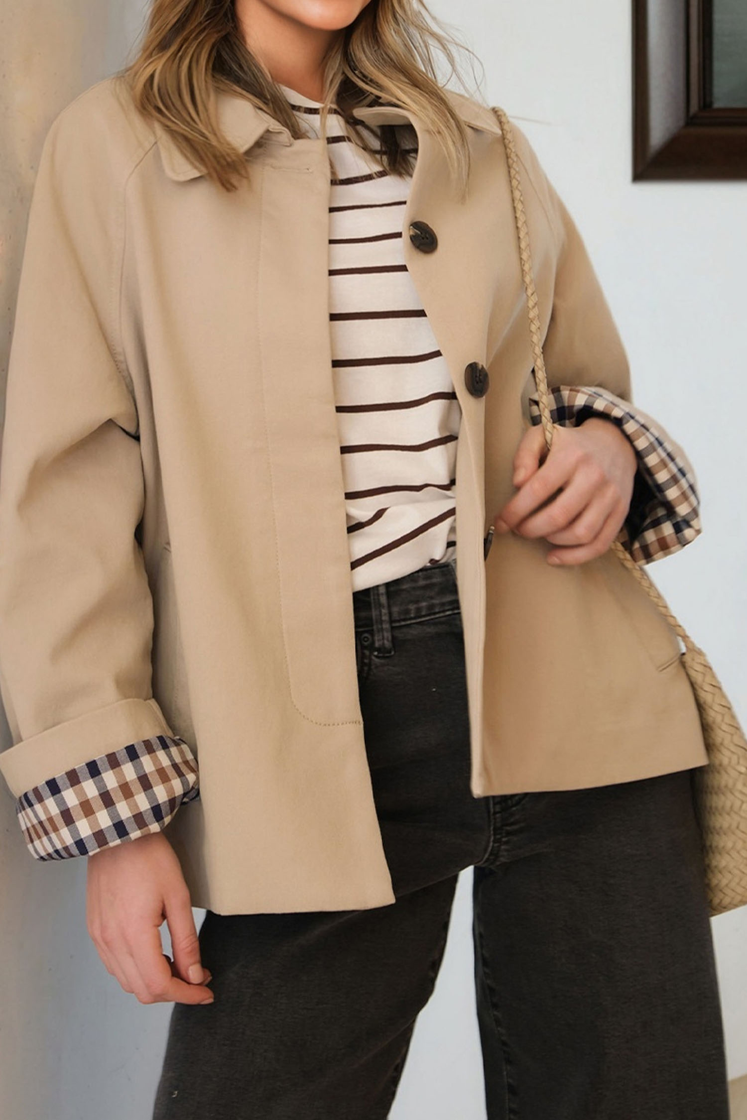 Parchment Plaid Liner Patchwork Single Breasted Trench Coat - loveforevers