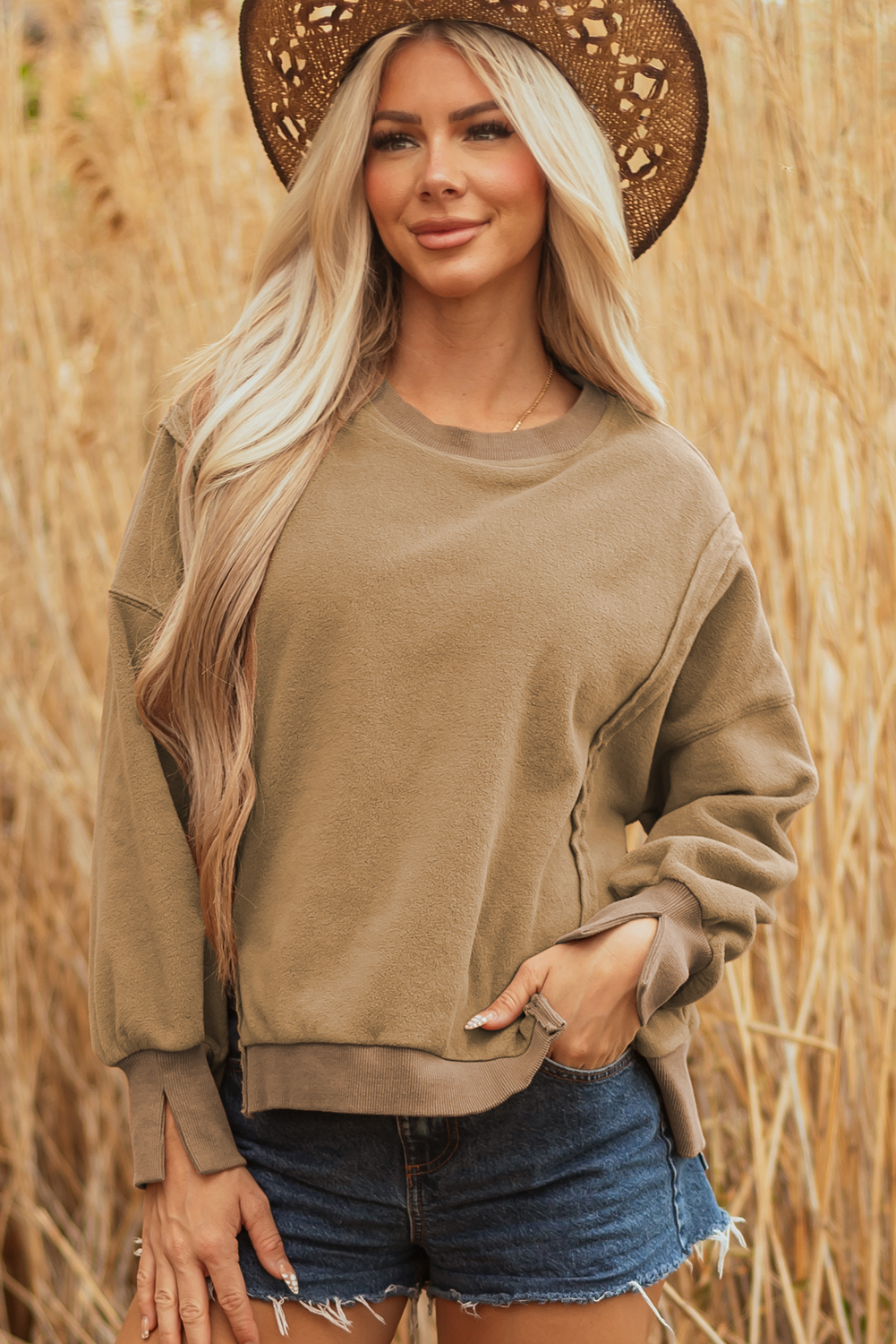 Dark Khaki Fuzzy Sherpa Splicing Pullover Sweatshirt with Side Slit - loveforevers