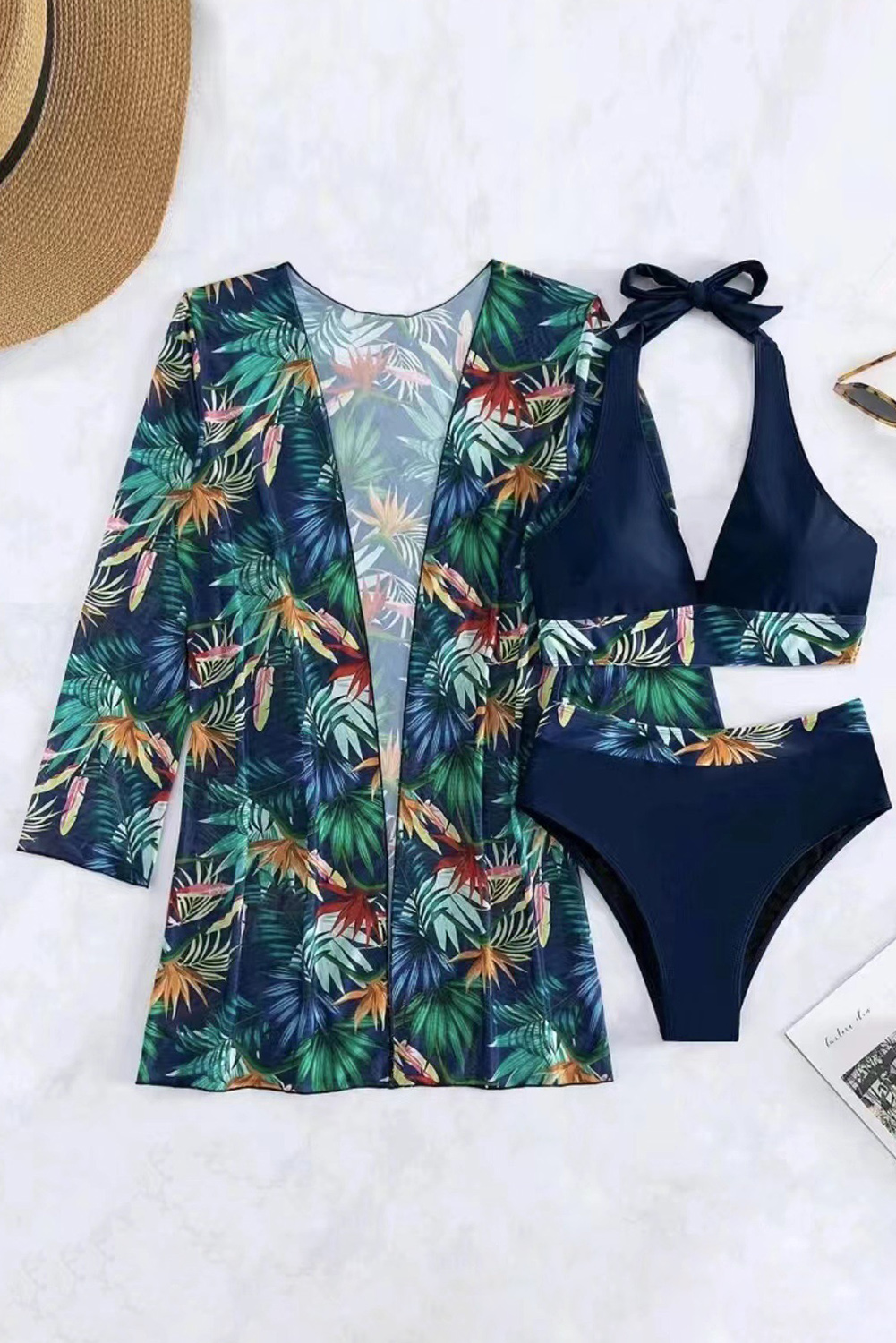 Black 3pcs Tropical Contrast Trim Halter Bikini Set with Cover up - loveforevers