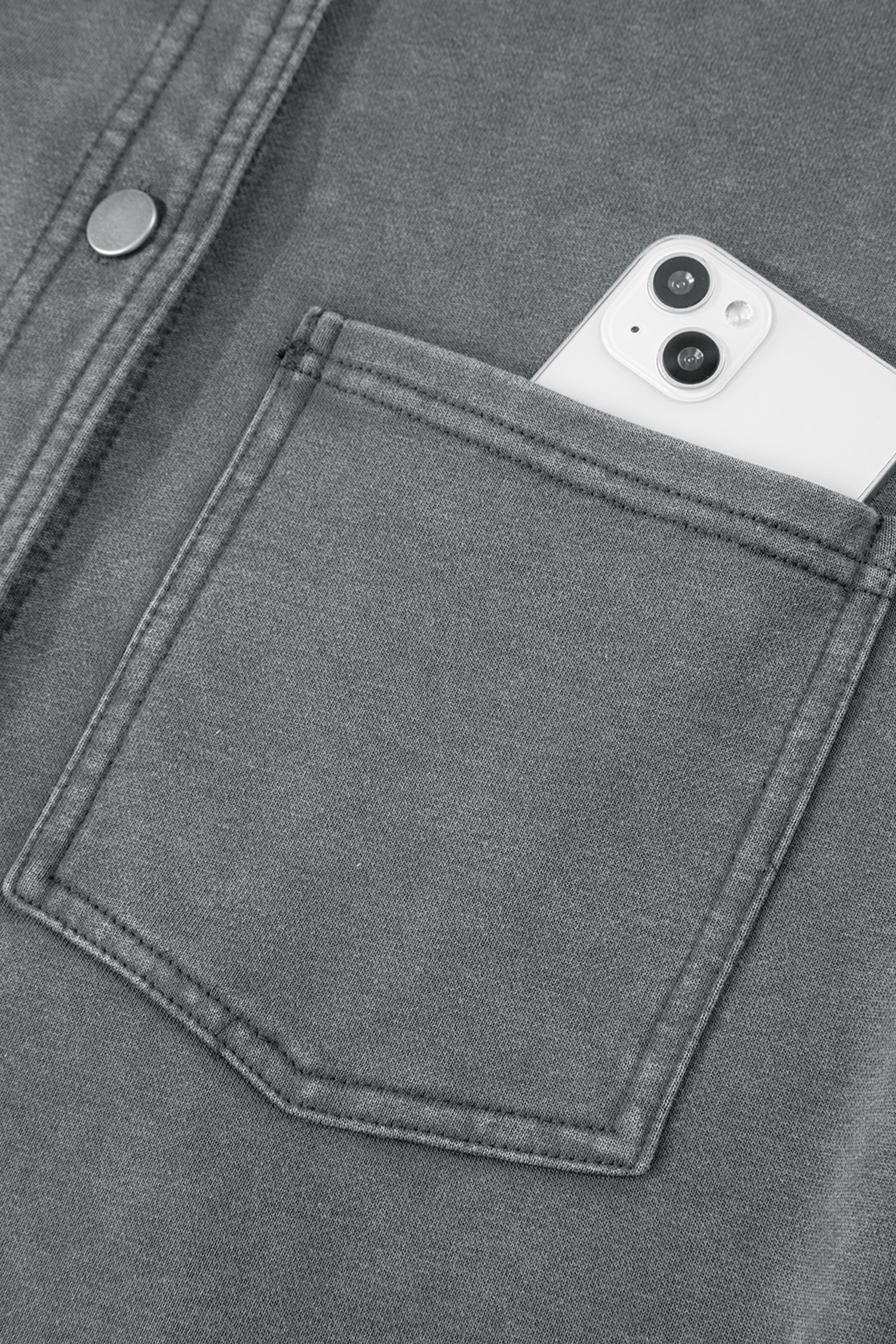 Medium Grey Mineral Wash Chest Pockets Drop Shoulder Shacket with Side Slit - loveforevers