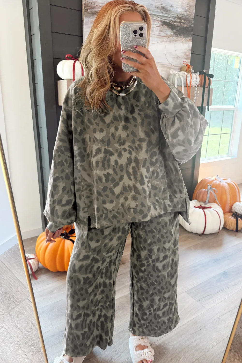 Brown Leopard Loose Tee Drawstring Waist Barrel Pants Set - loveforevers