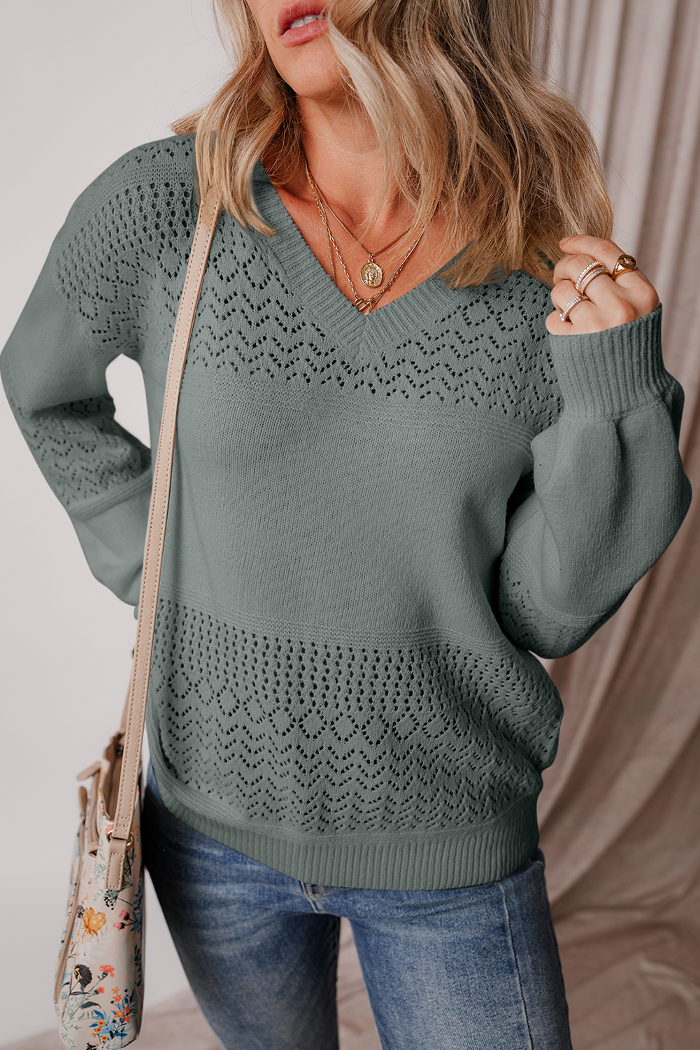 Sky Blue Eyelet Pattern Detail V Neck Drop Shoulder Sweater - loveforevers