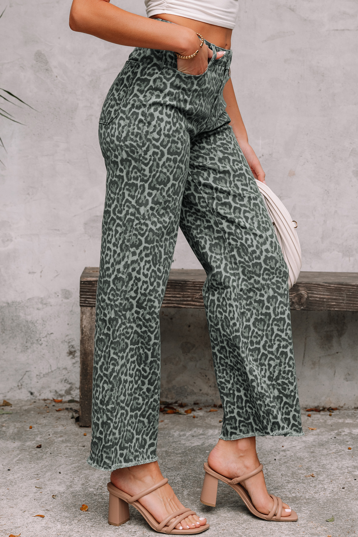Rose Leopard Frayed Edge Wide Leg High Waist Jeans - loveforevers