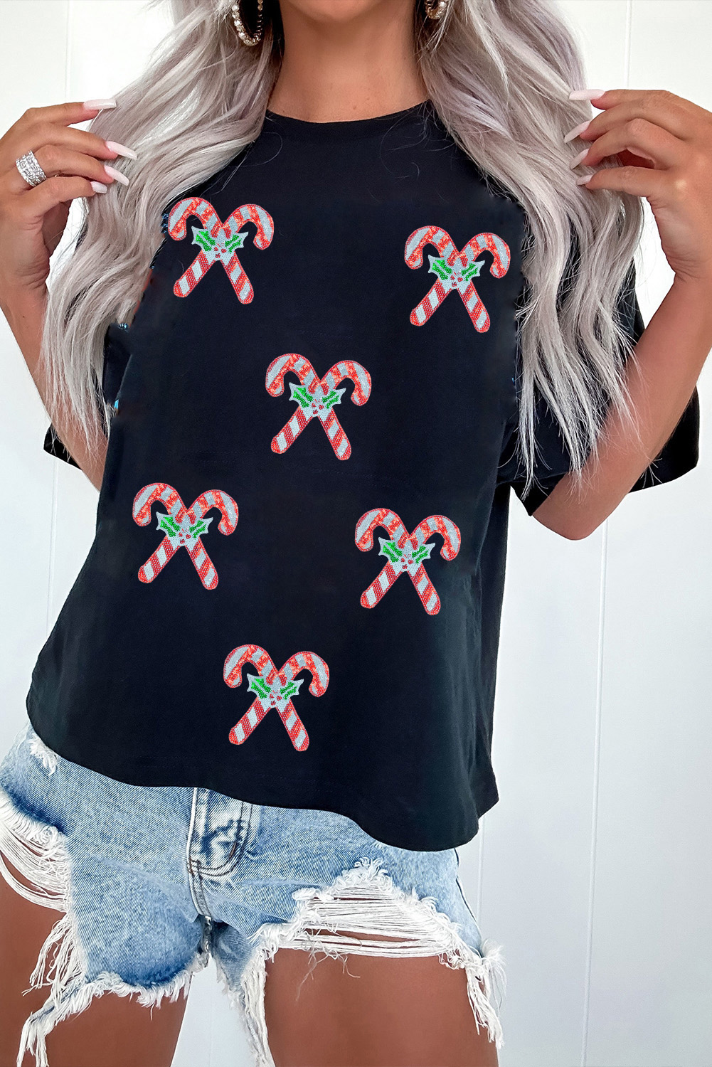 Black Holly Candy Cane Christmas Sequin Graphic T Shirt - loveforevers