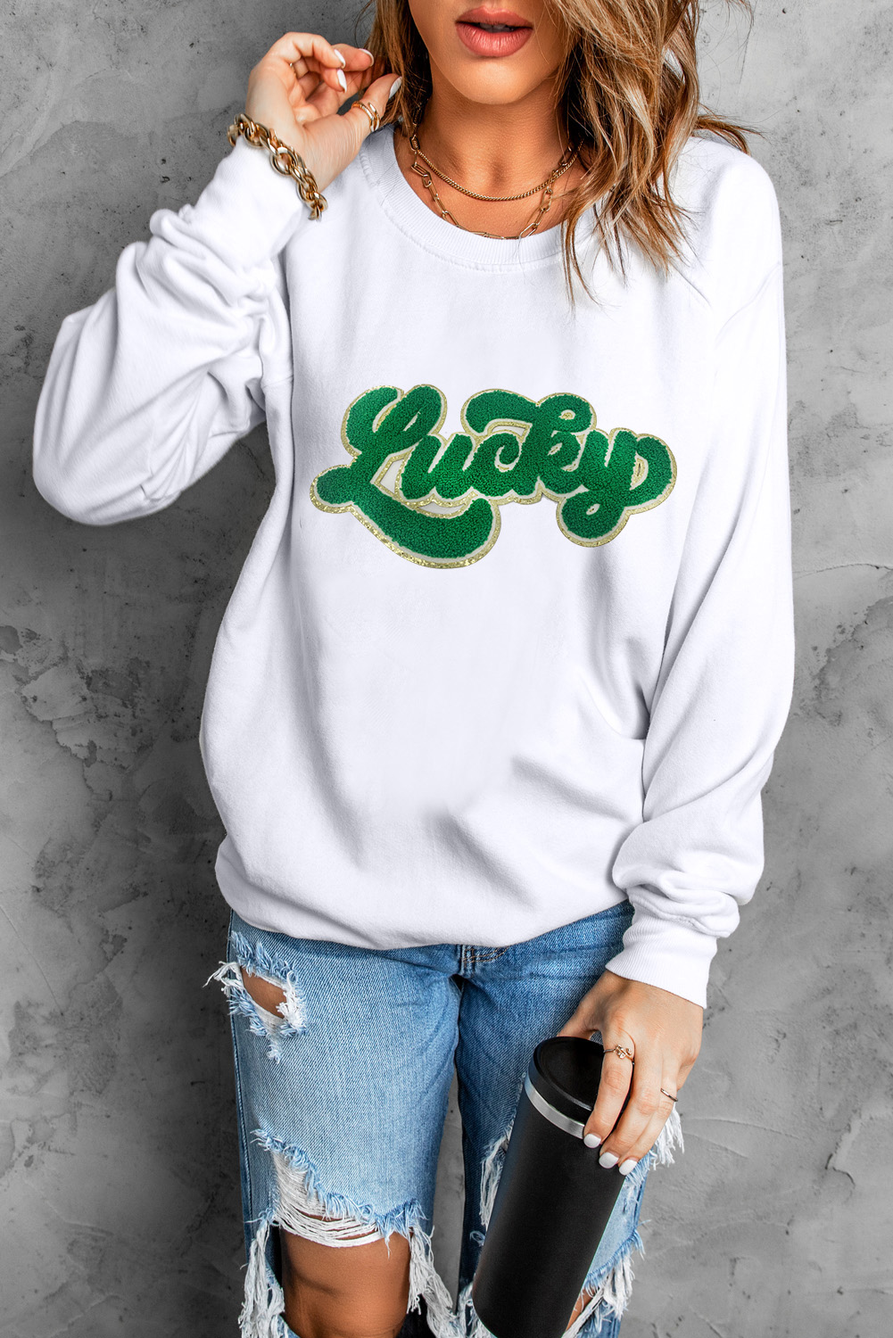 White Shiny Trim Chenille Lucky Pattern Sweatshirt - loveforevers