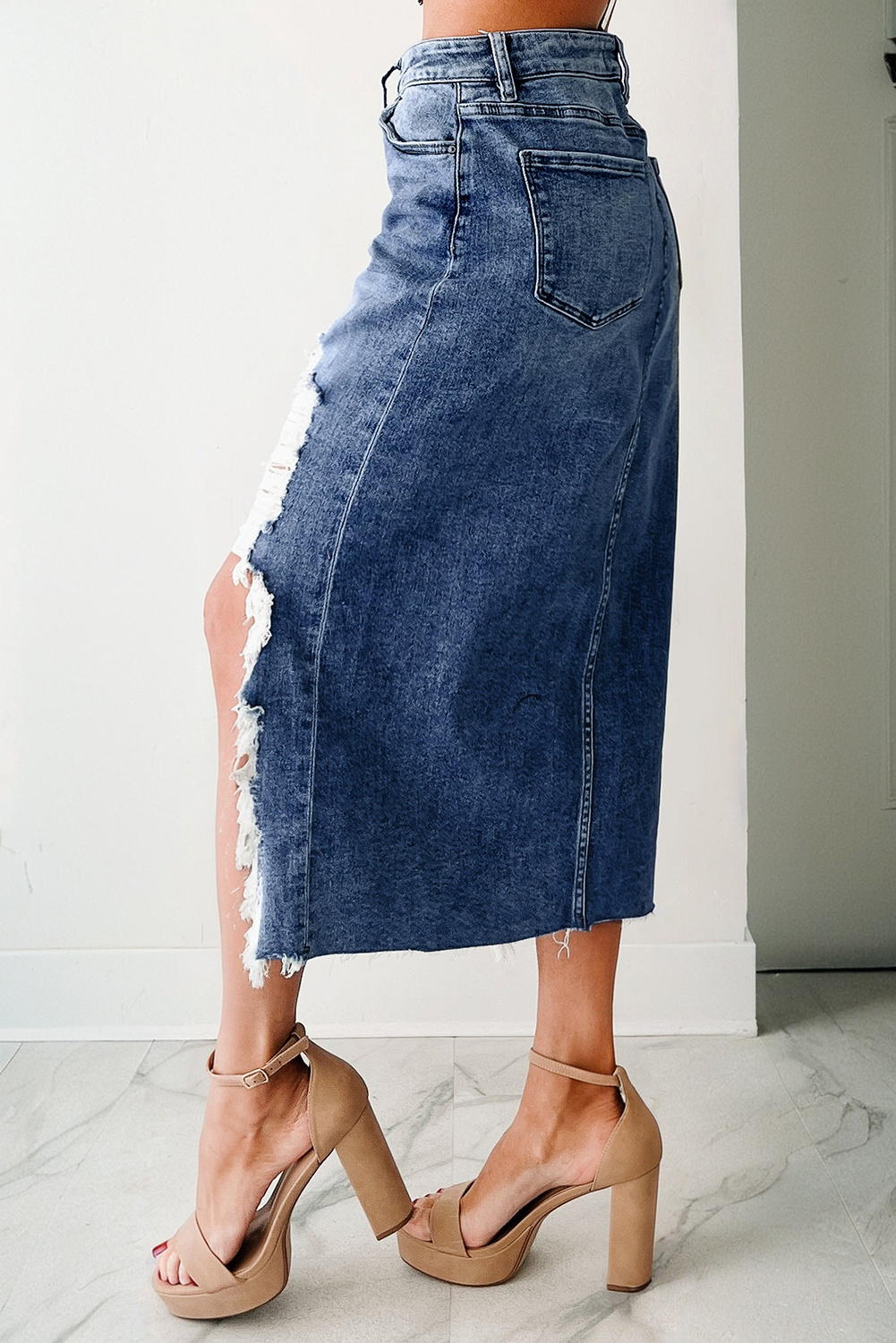 Sail Blue Dearlove Irregular Distressed Bottom Denim Midi Skirt - loveforevers