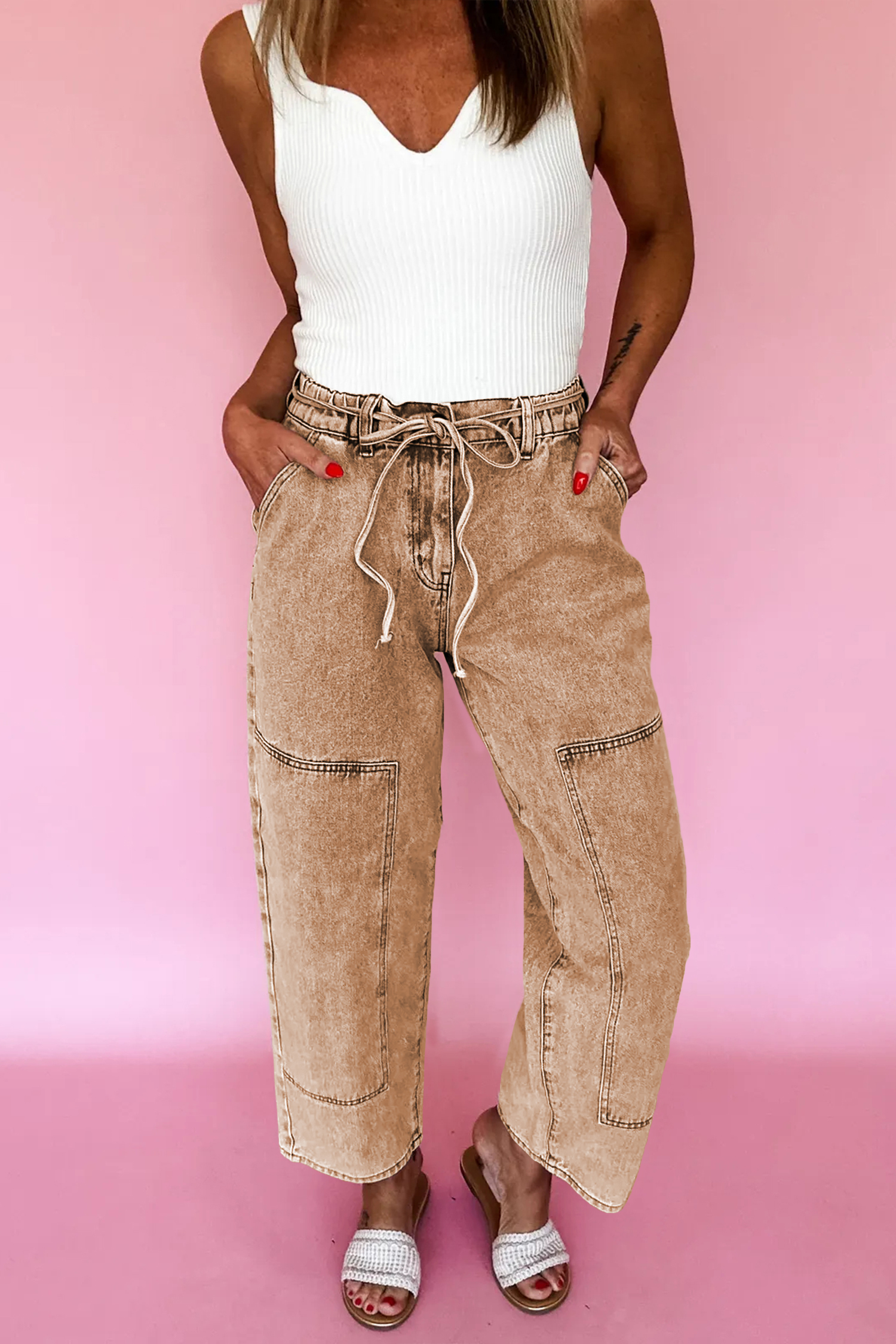 Smoke Gray Acid Wash Barrel Fit Denim Pants with Waist String - loveforevers