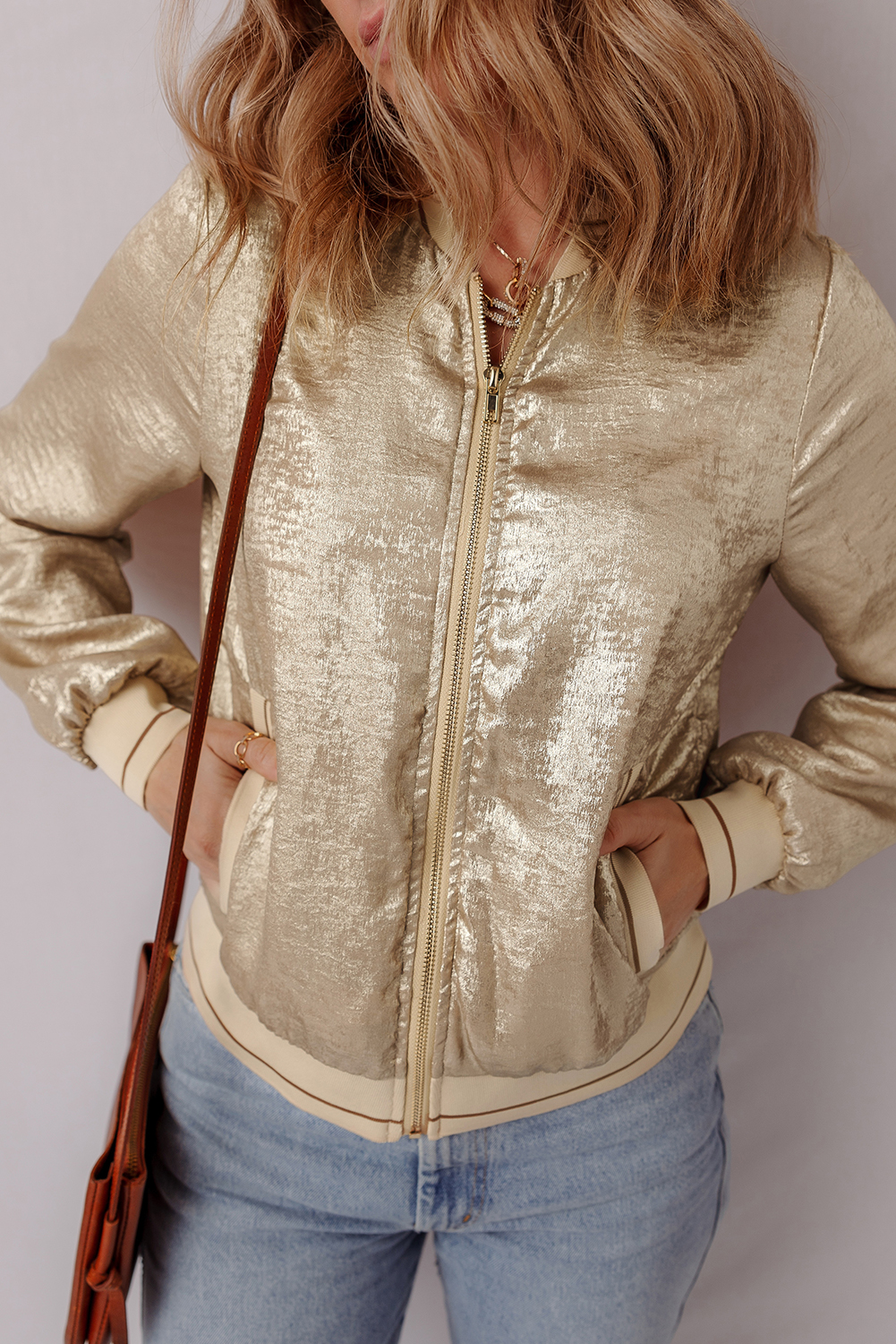 Pale Khaki Metallic Zip up Baseball Jacket - loveforevers