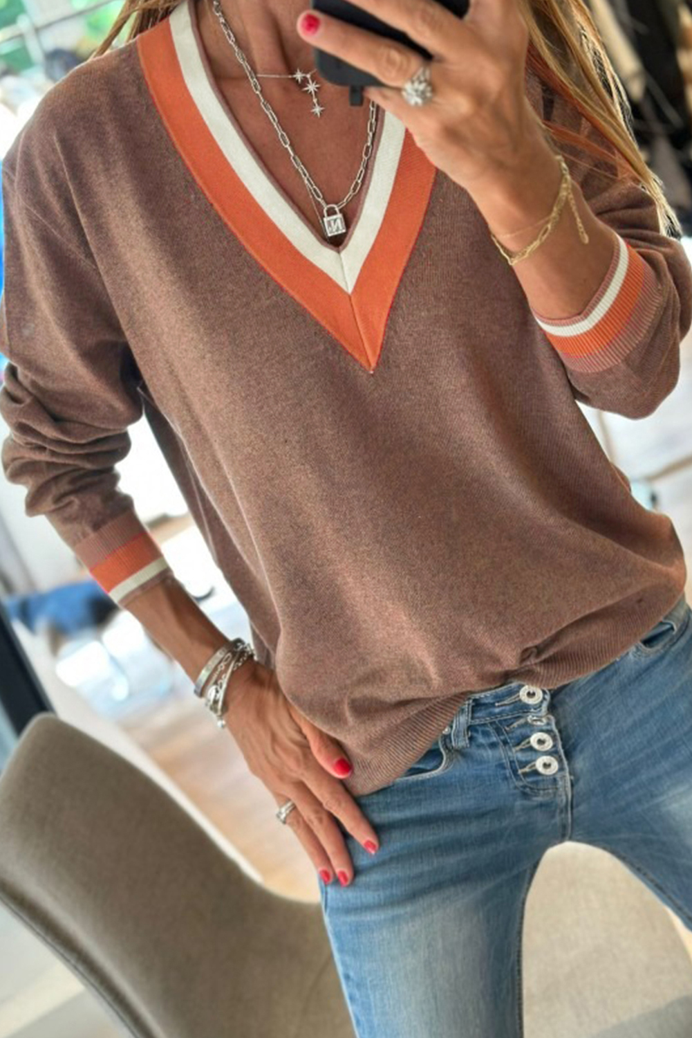 Black Contrast Striped Trim V Neck Varsity Sweater - loveforevers