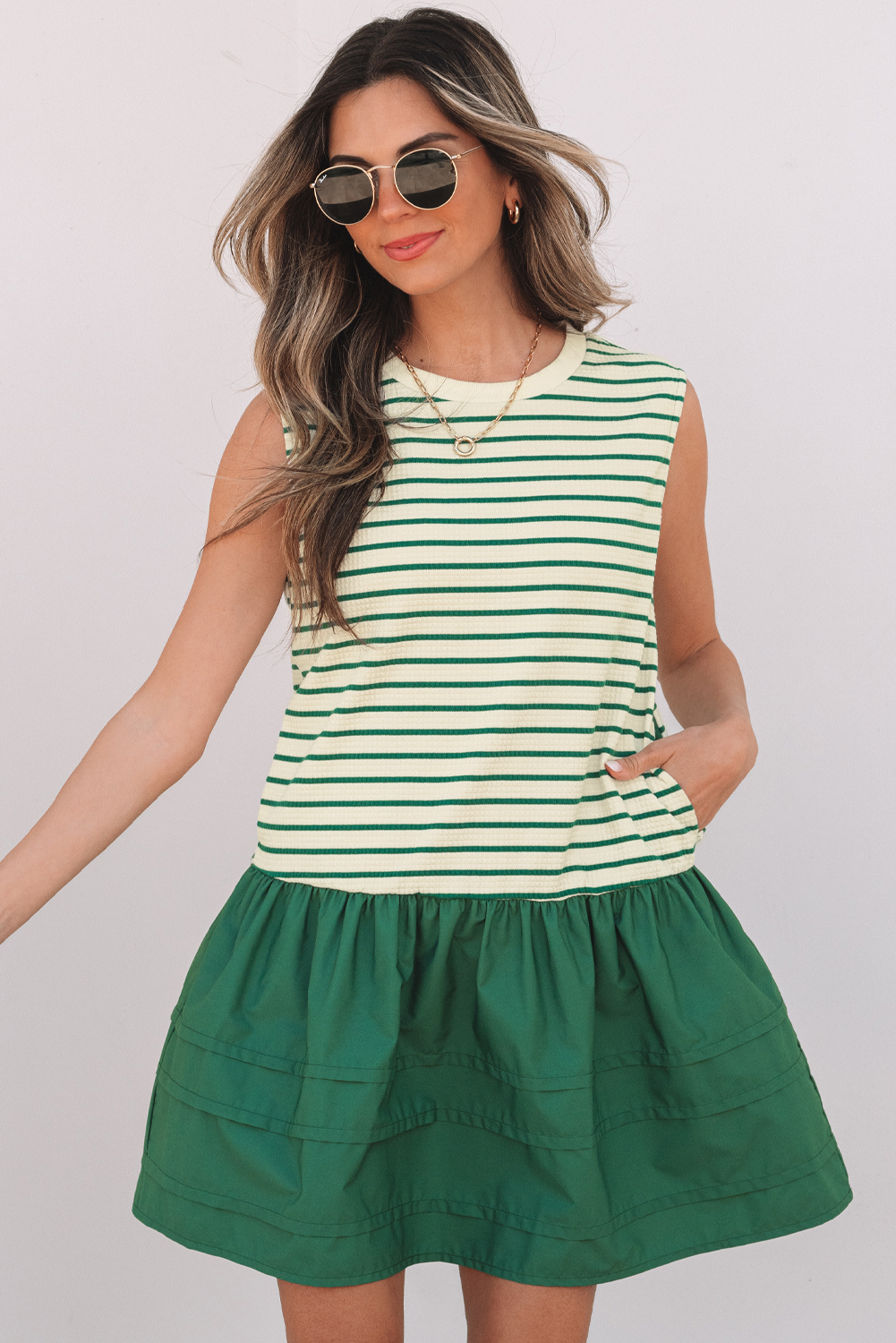 Green Stripe Woven Ruffled Sleeveless Mini Dress - loveforevers