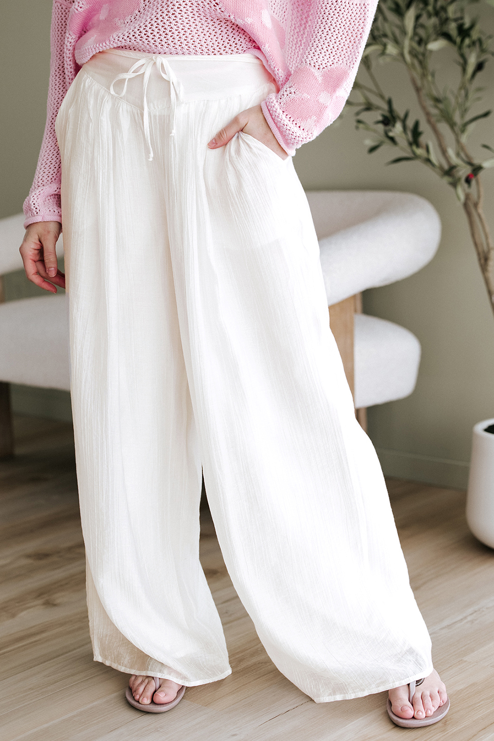White Solid Drop Waist Pleated Wide Leg Casual Pants - loveforevers