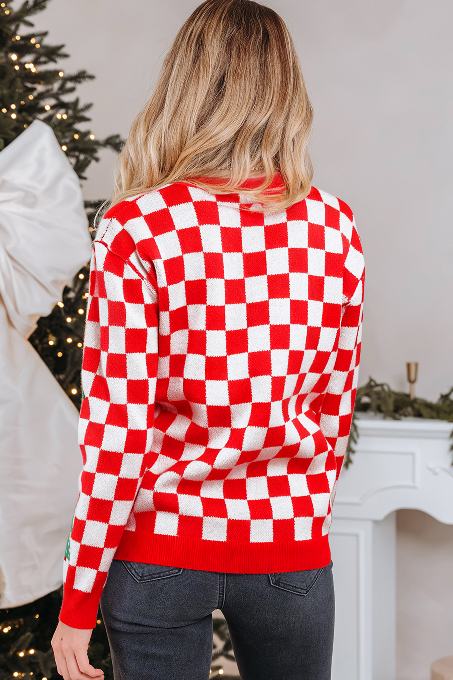Pink Checkered Christmas Tree Pattern Button V Neck Cardigan Sweater - loveforevers