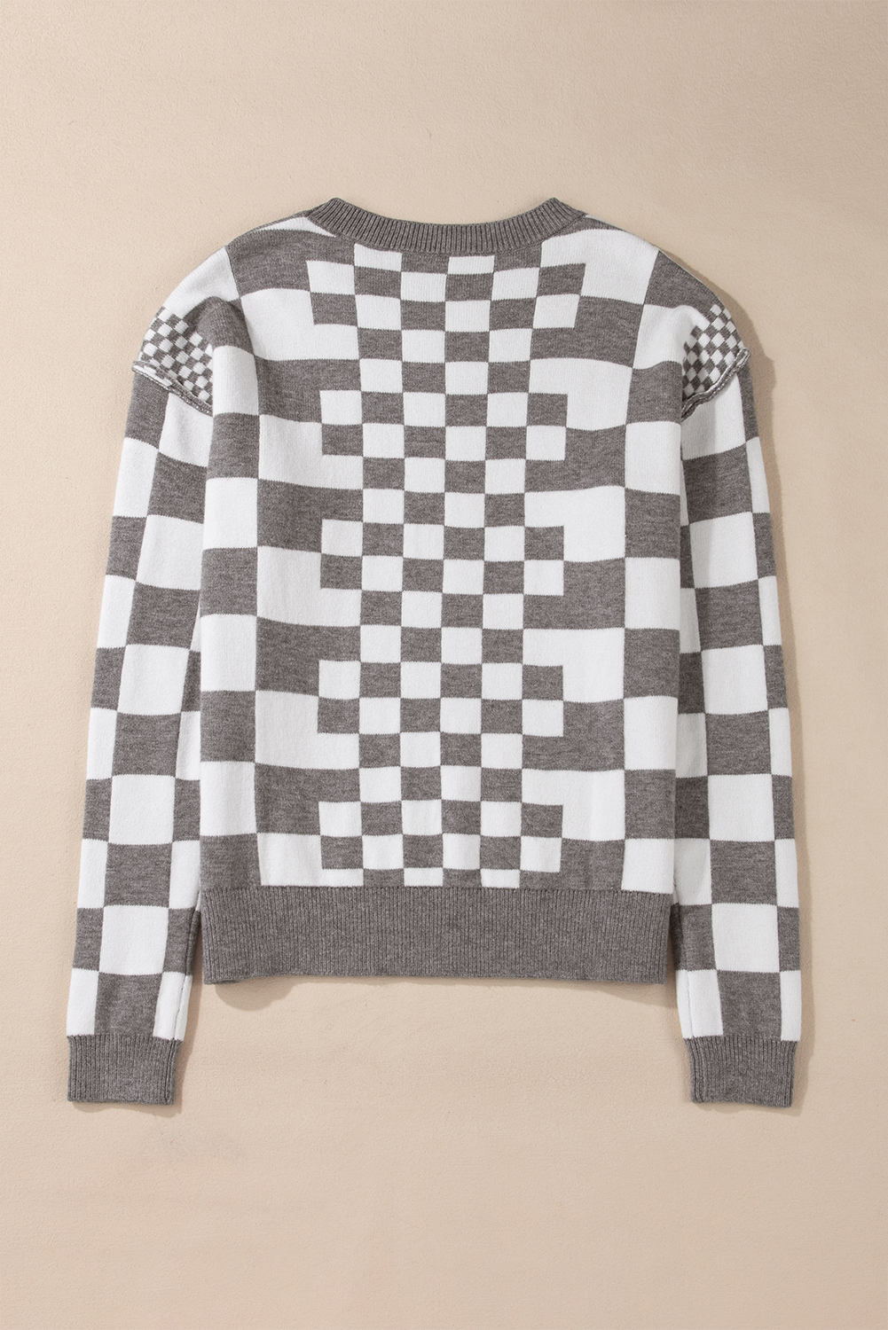 Khaki Checkered Print Drop Shoulder Round Neck Sweater - loveforevers