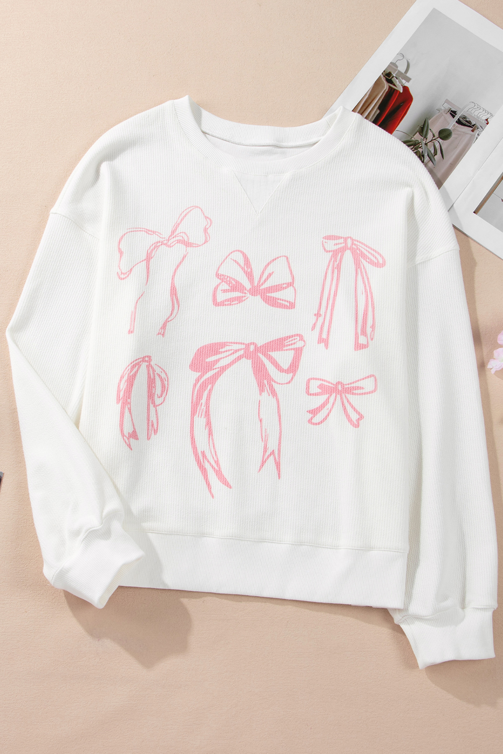 White Bowknot Pattern Corded Long Sleeve Drop Shoulder Top - loveforevers