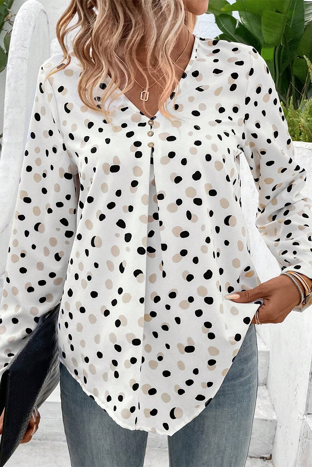 Green Polka Dot Print Button Front V Neck Blouse - loveforevers