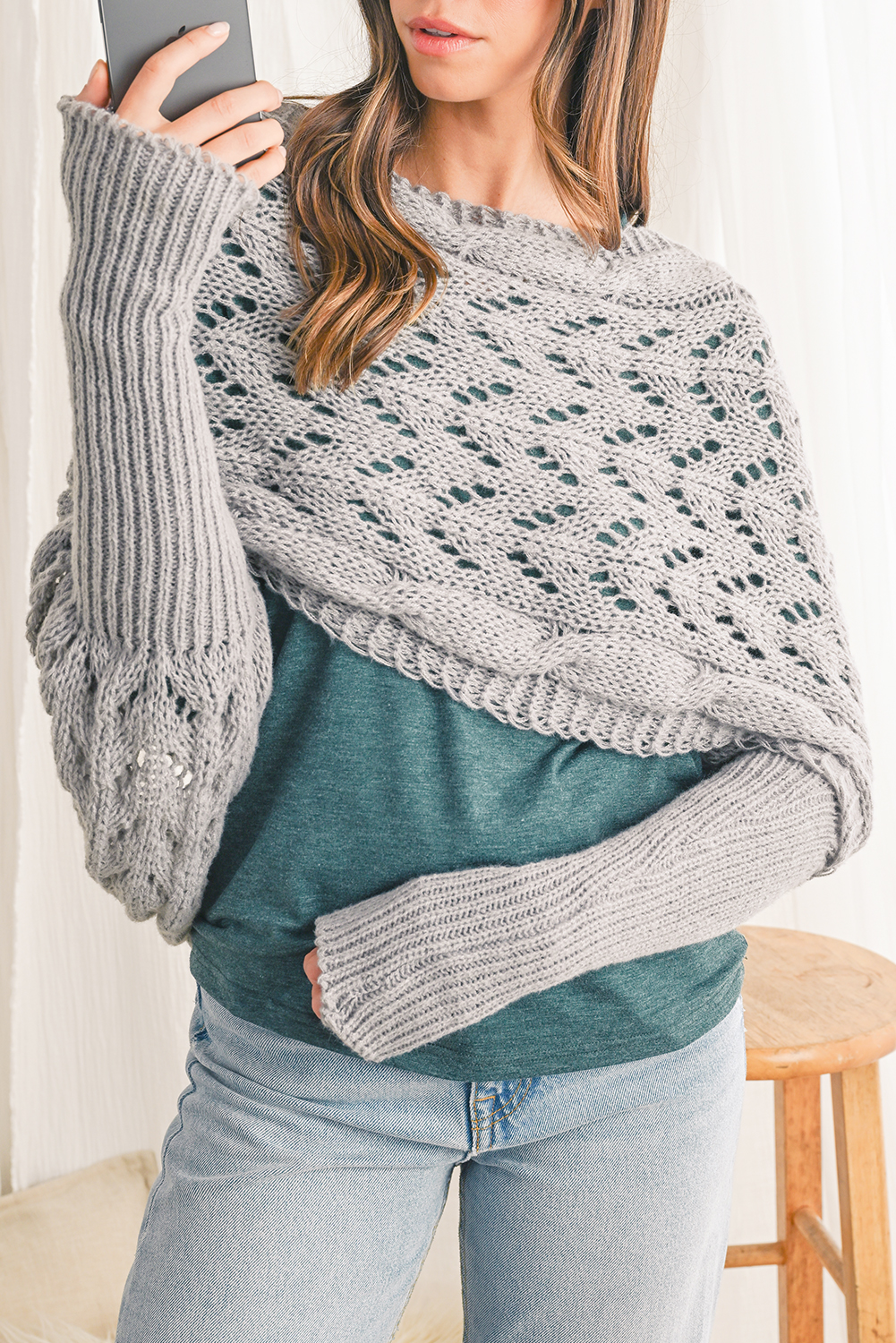 Gray Cross Detail Hollowed Knit Scarf with Sleeves - loveforevers